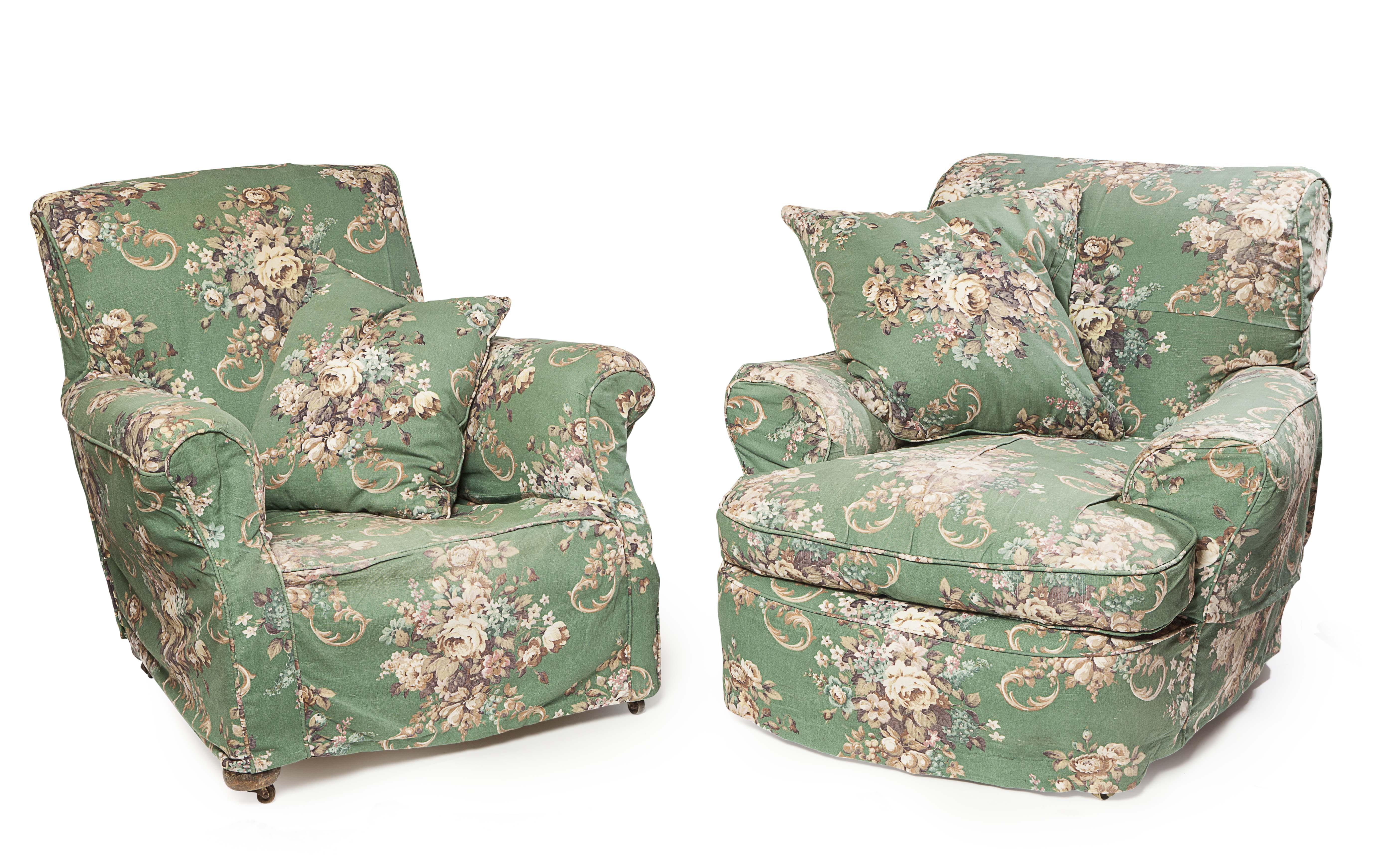 TWO VICTORIAN UPHOLSTERED EASY ARMCHAIRS