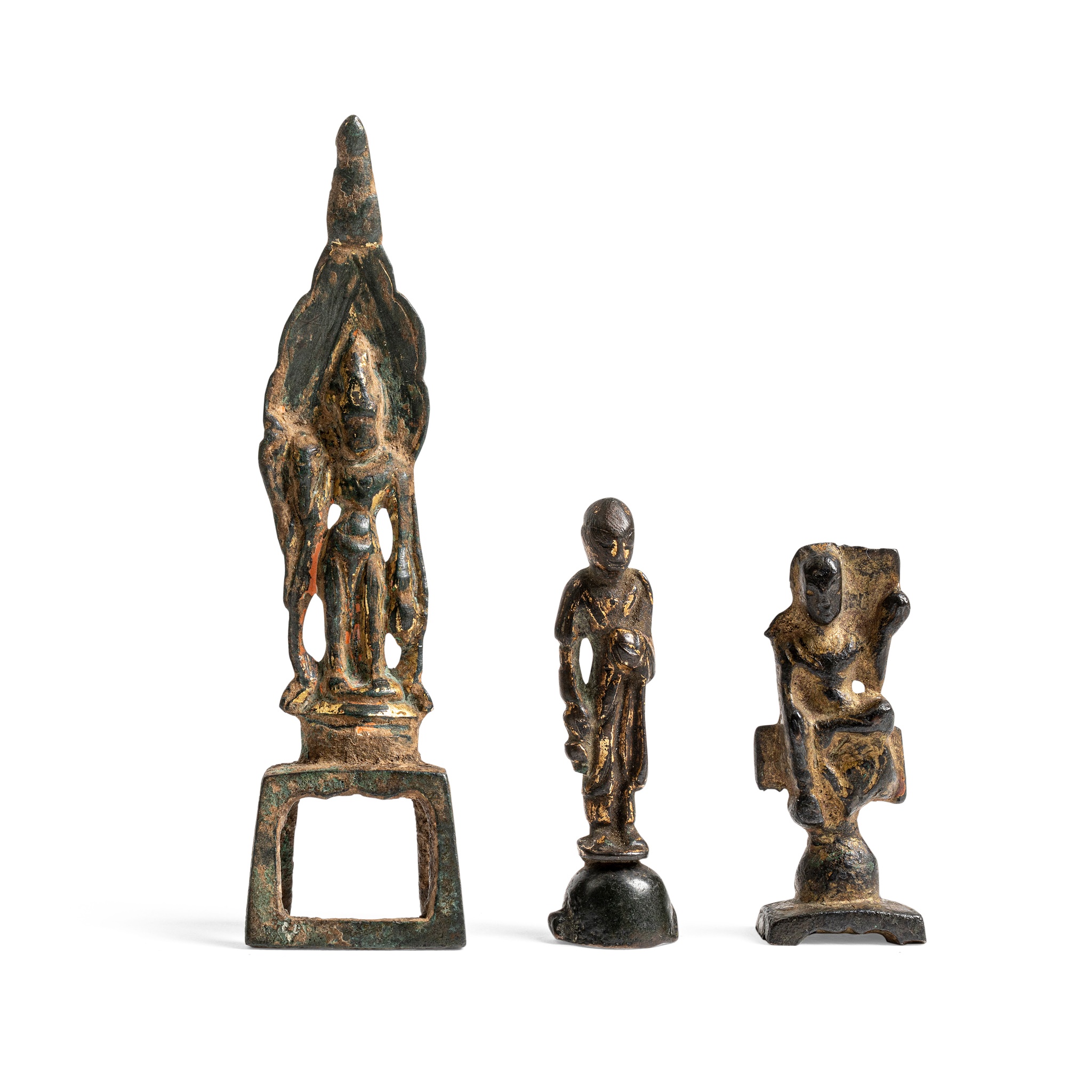 GROUP OF THREE MINIATURE GILT BRONZE STATUES