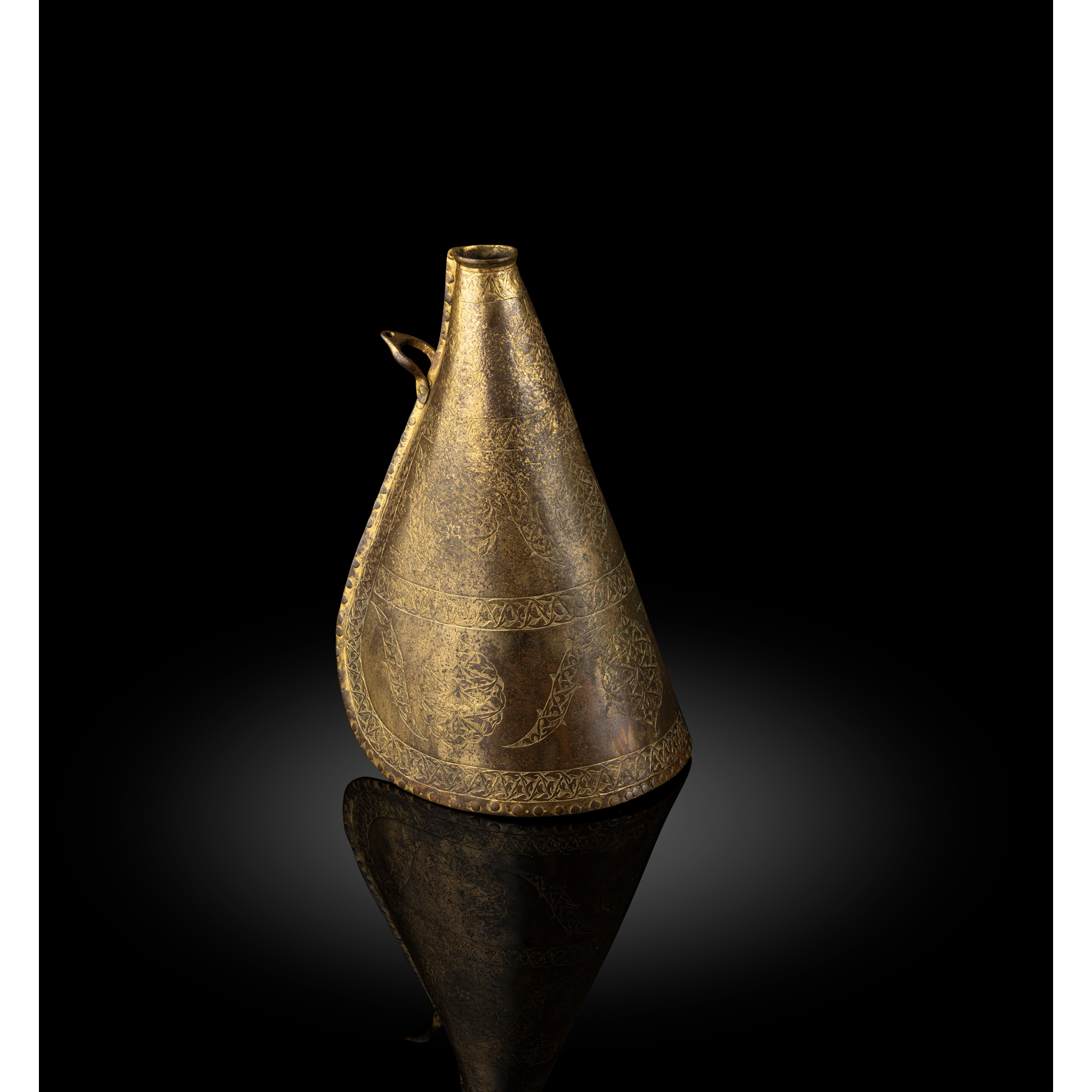 A RARE OTTOMAN GILT-COPPER (TOMBAK) PILGRIM FLASK (MATARA)