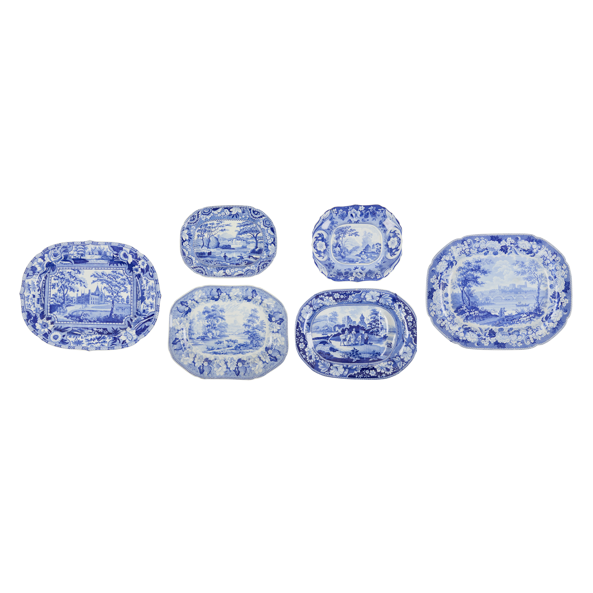 FIVE VARIOUS BLUE AND WHITE TRANSFER PRINTED MEAT PLATES AND A STAND