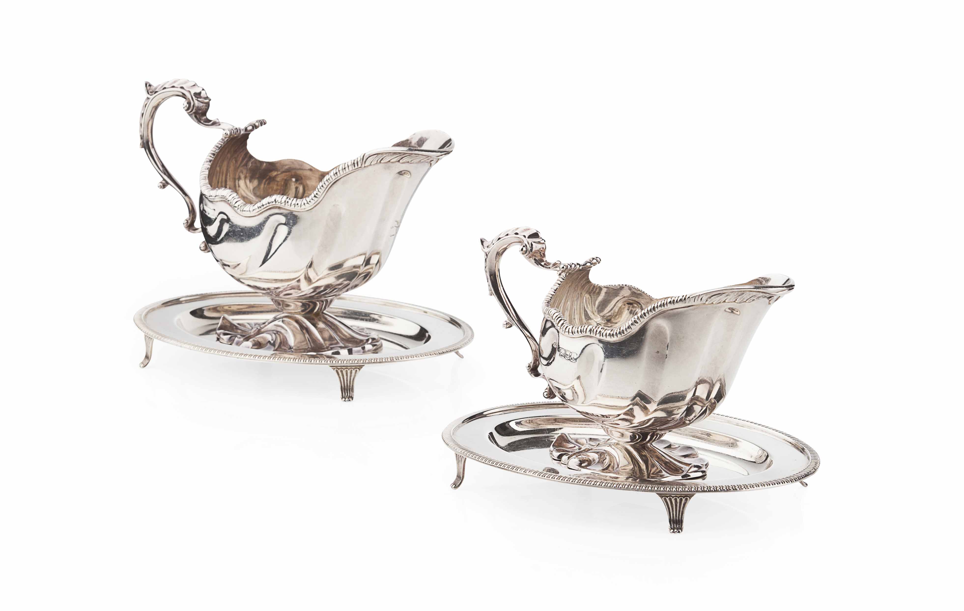 MATCHED PAIR OF GEORGIAN STYLE SILVER SAUCE BOATS AND ASSOCIATED STANDS