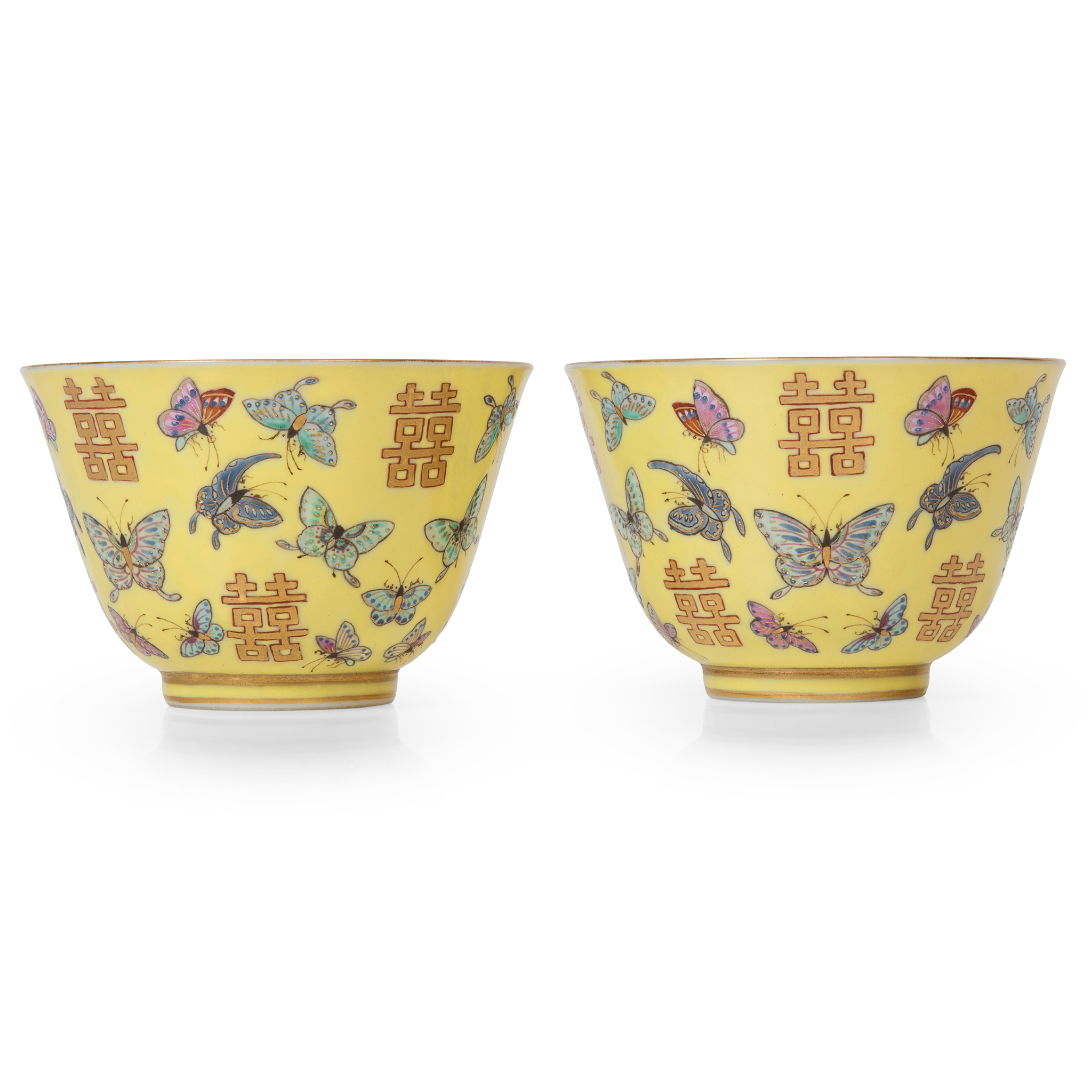 PAIR OF CHINESE YELLOW-GROUND FAMILLE ROSE 'DOUBLE HAPPINESS' CUPS