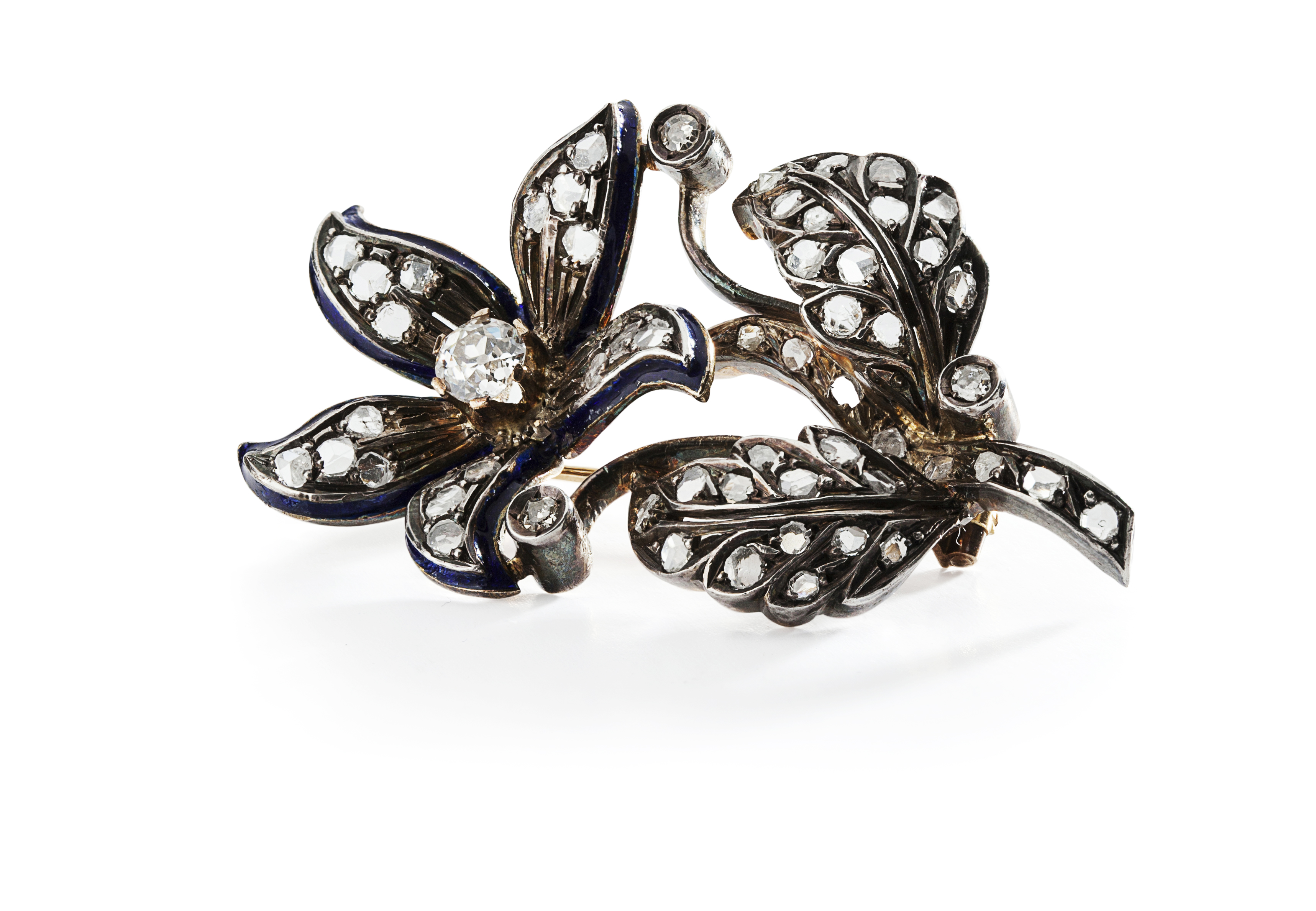 A late 19th century diamond and enamel set floral brooch