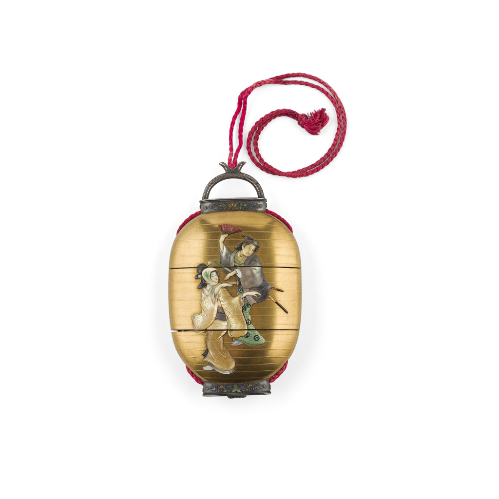 FINE SHIBAYAMA-INLAID CLOISONNÉ-ENAMELLED GOLD-LACQUER INRO