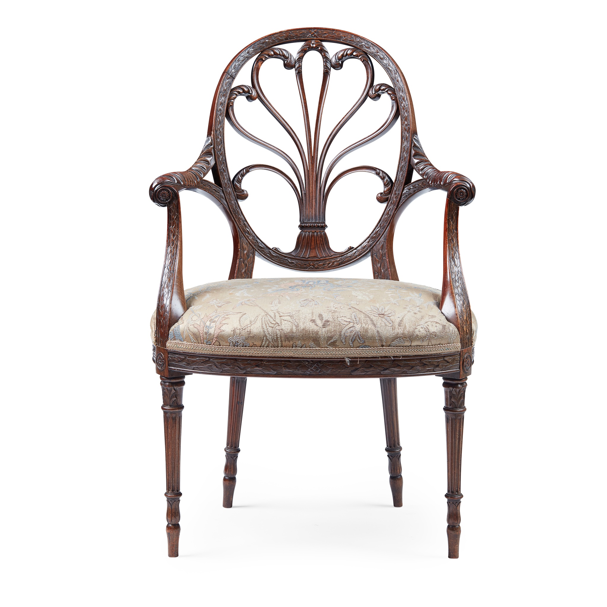 GEORGE III STYLE MAHOGANY OPEN ARMCHAIR, IN THE HEPPLEWHITE STYLE