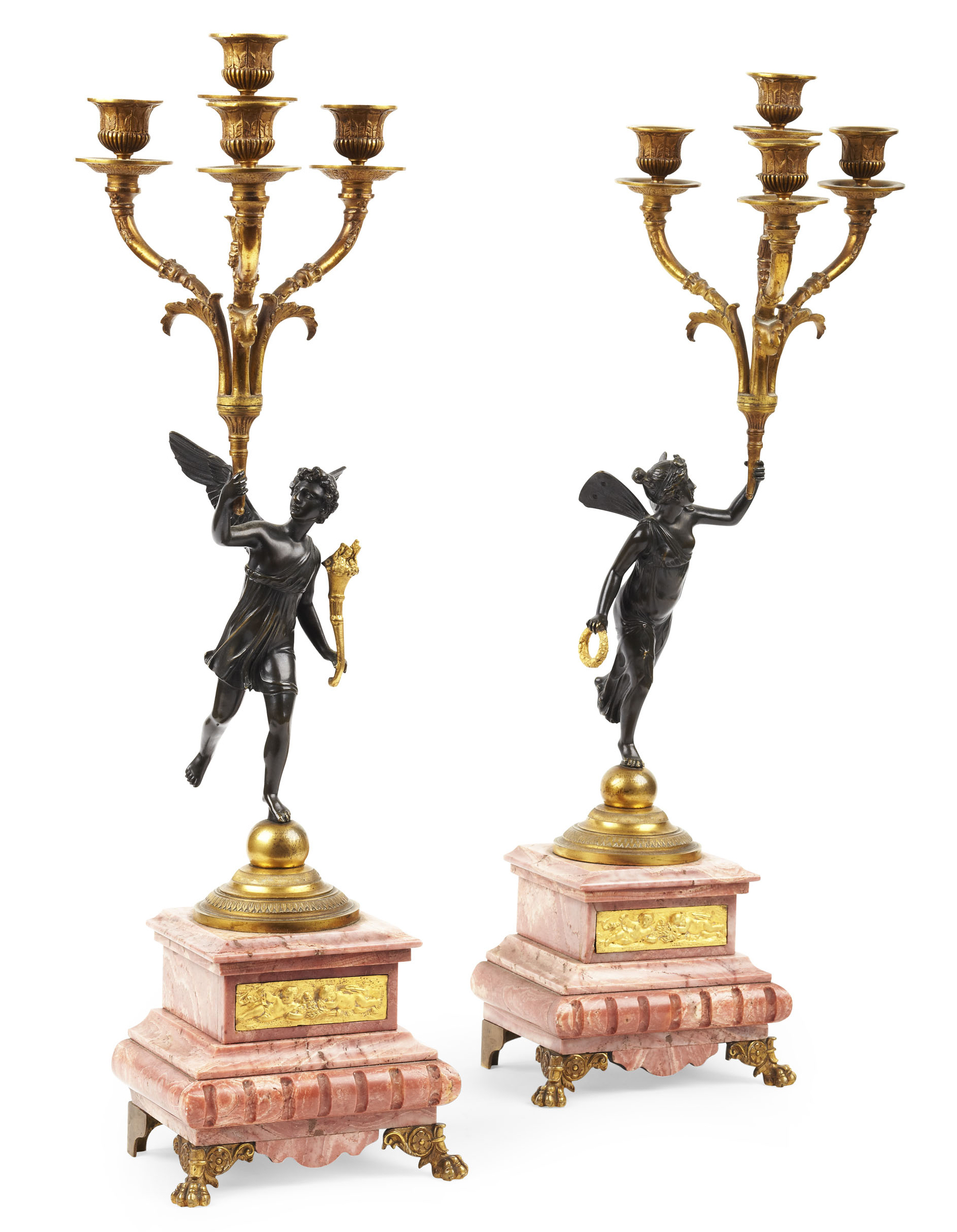 PAIR OF LOUIS XV STYLE GILT AND PATINATED BRONZE CANDELABRA