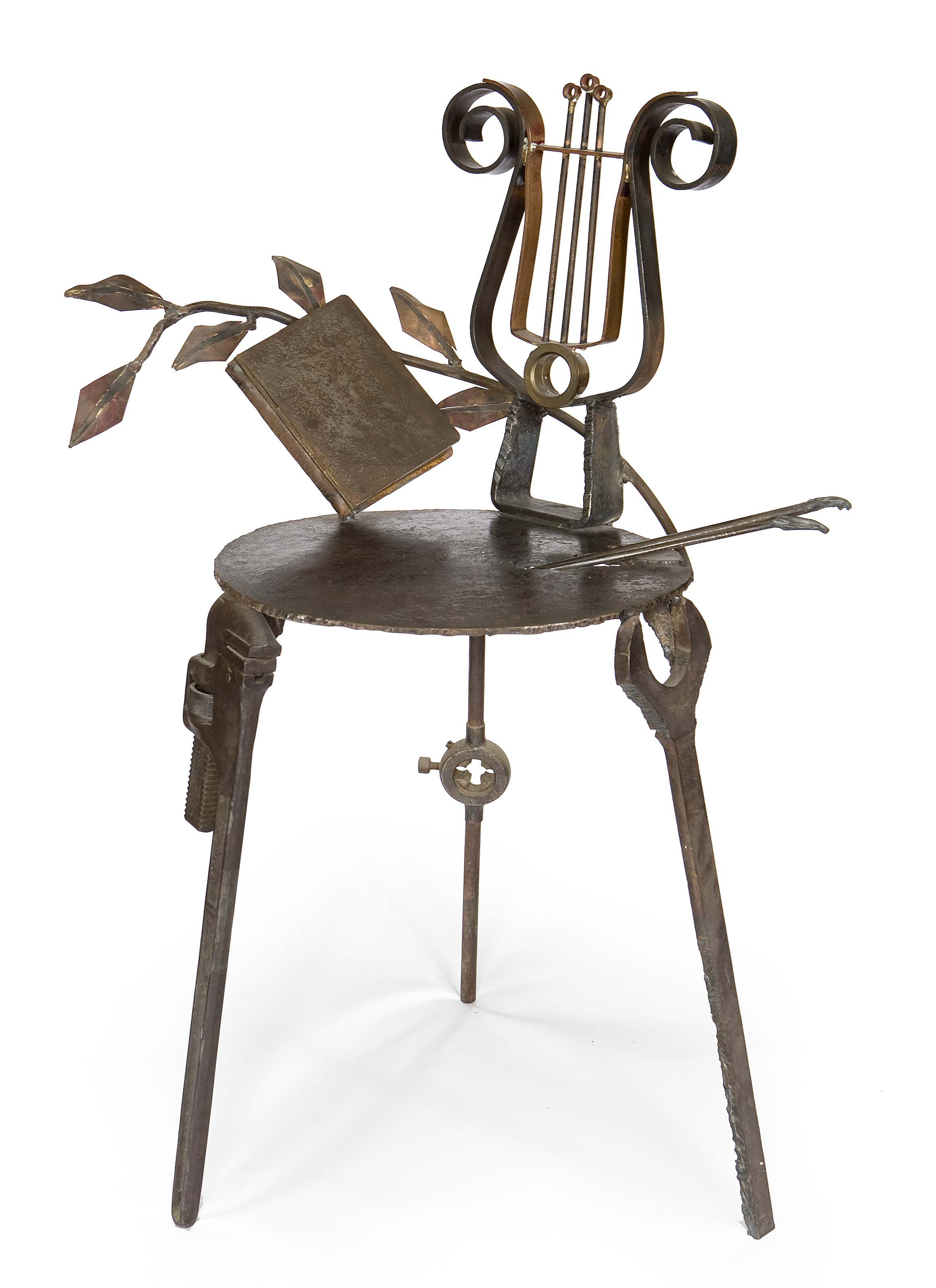 SALVAGED STEEL, COPPER AND BRASS 'LYRE' CHAIR