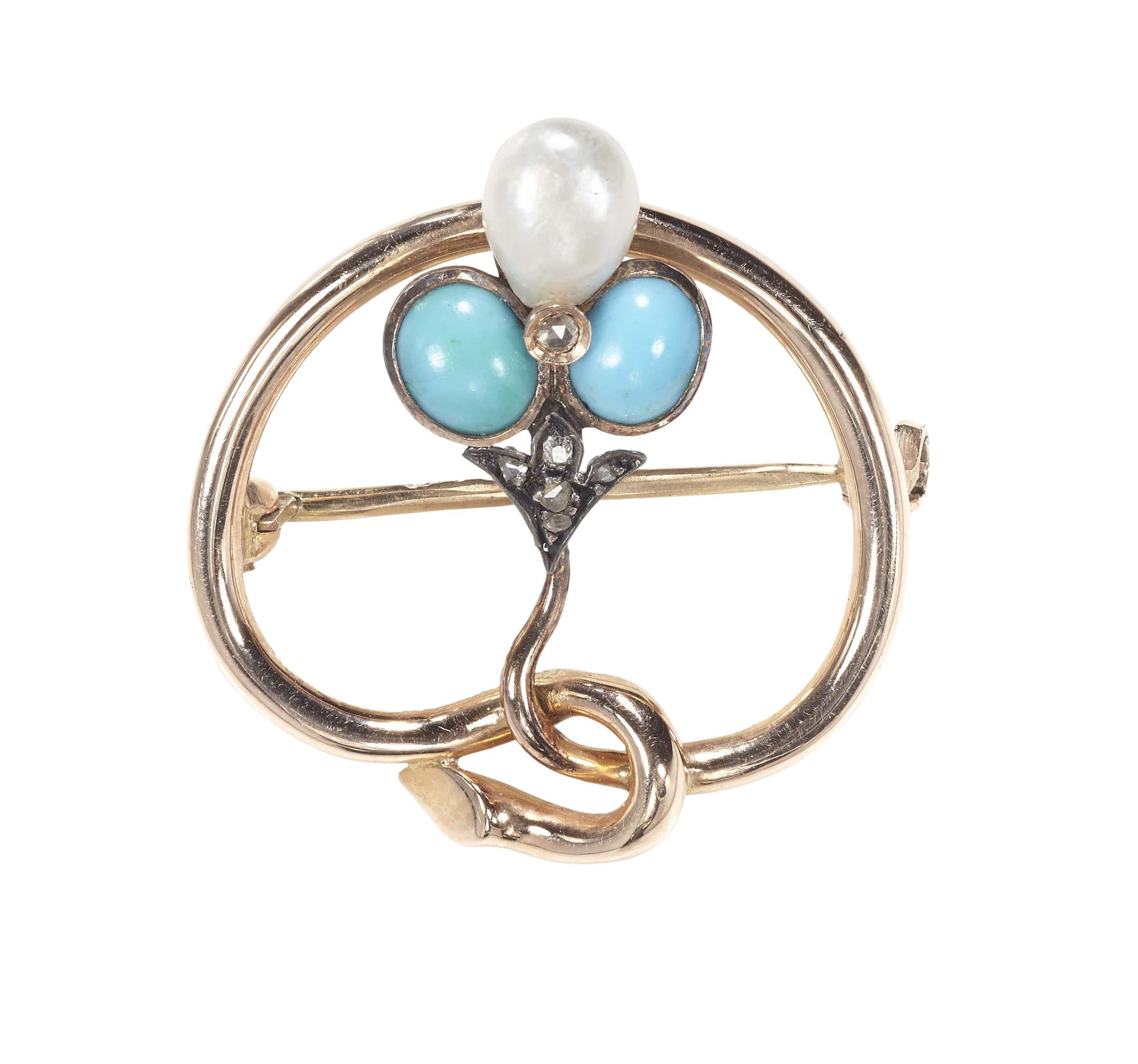 A Russian brooch set turquoise and pearl