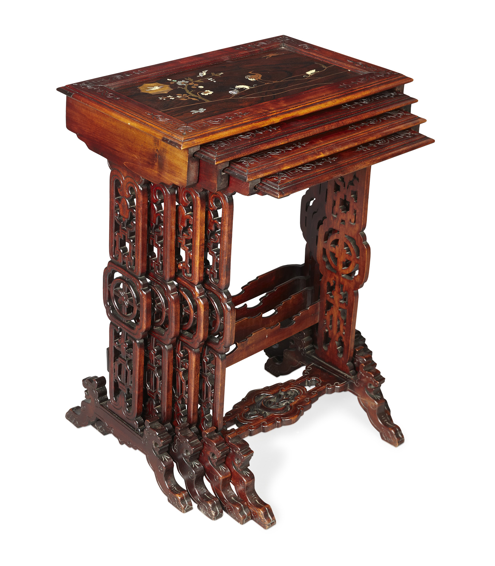 SET OF FRENCH JAPONISME ROSEWOOD AND INLAID QUARTETTO TABLES ATTRIBUTED TO GABRIEL VIARDOT