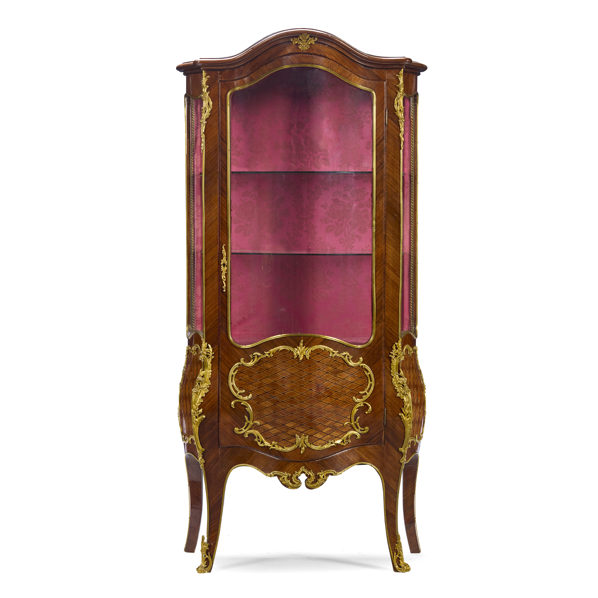 A LOUISE XV STYLE KINGWOOD AND PARQUETRY GILT METAL MOUNTED BOMBÉ VITRINE