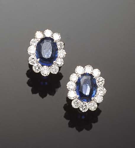 A pair of 18ct white gold mounted sapphire and diamond earrings,