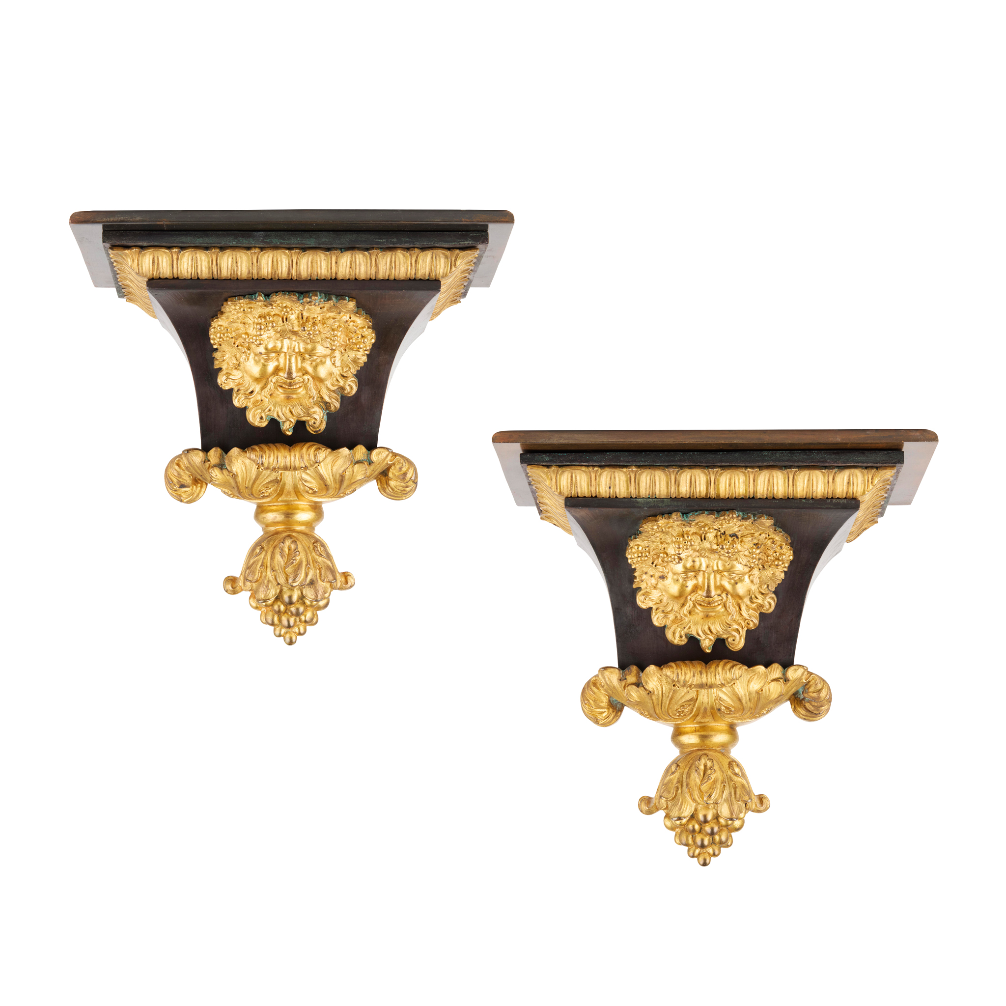 PAIR OF NAPOLEON III SECOND EMPIRE GILT AND PATINATED BRONZE WALL BRACKETS