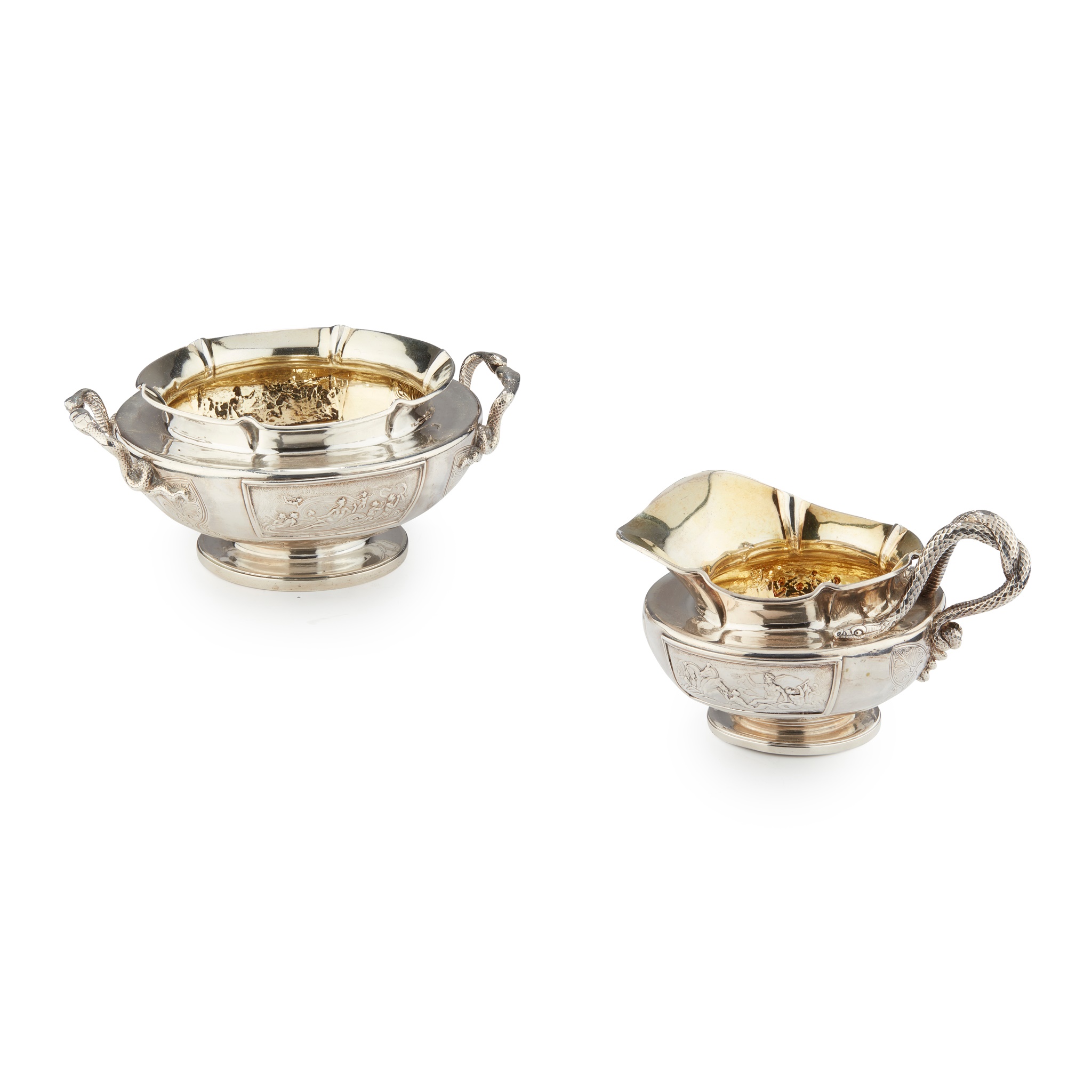 A WILLIAM IV TWIN HANDLED SUGAR BOWL AND CREAM JUG