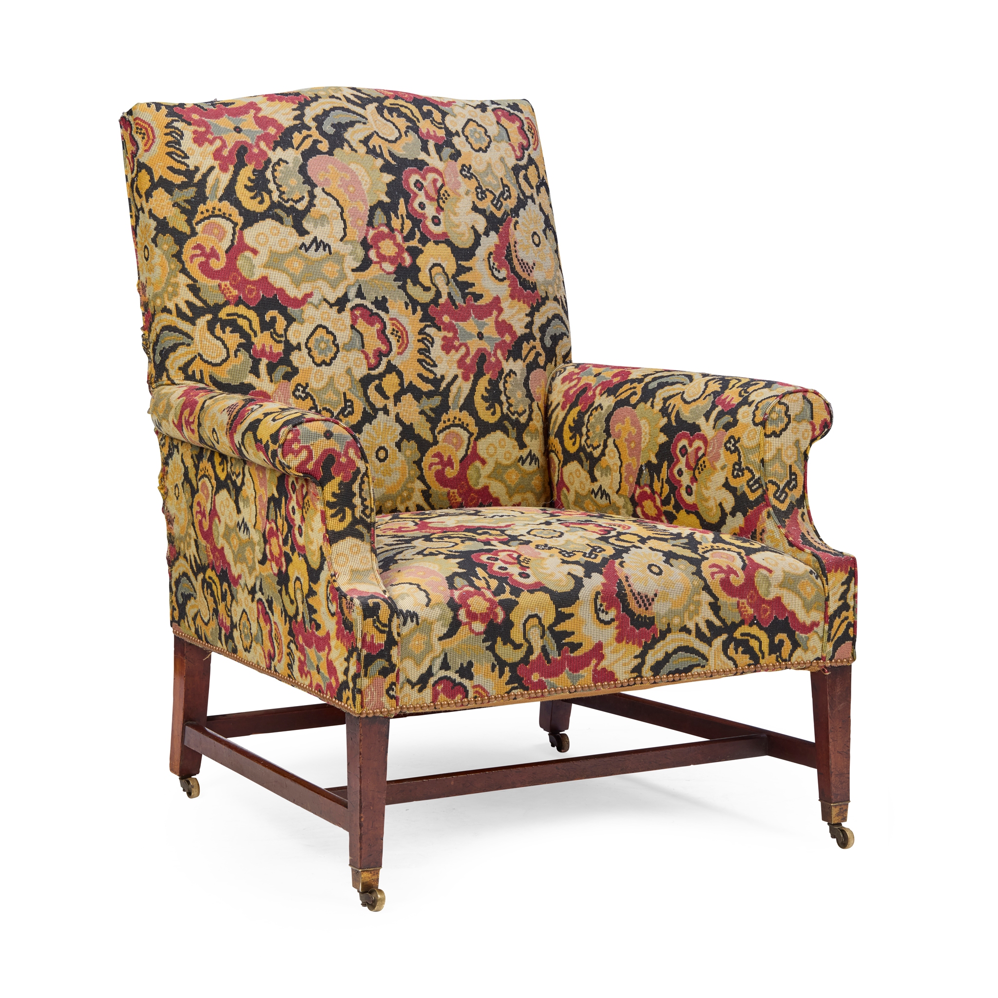 GEORGE III MAHOGANY UPHOLSTERED ARMCHAIR