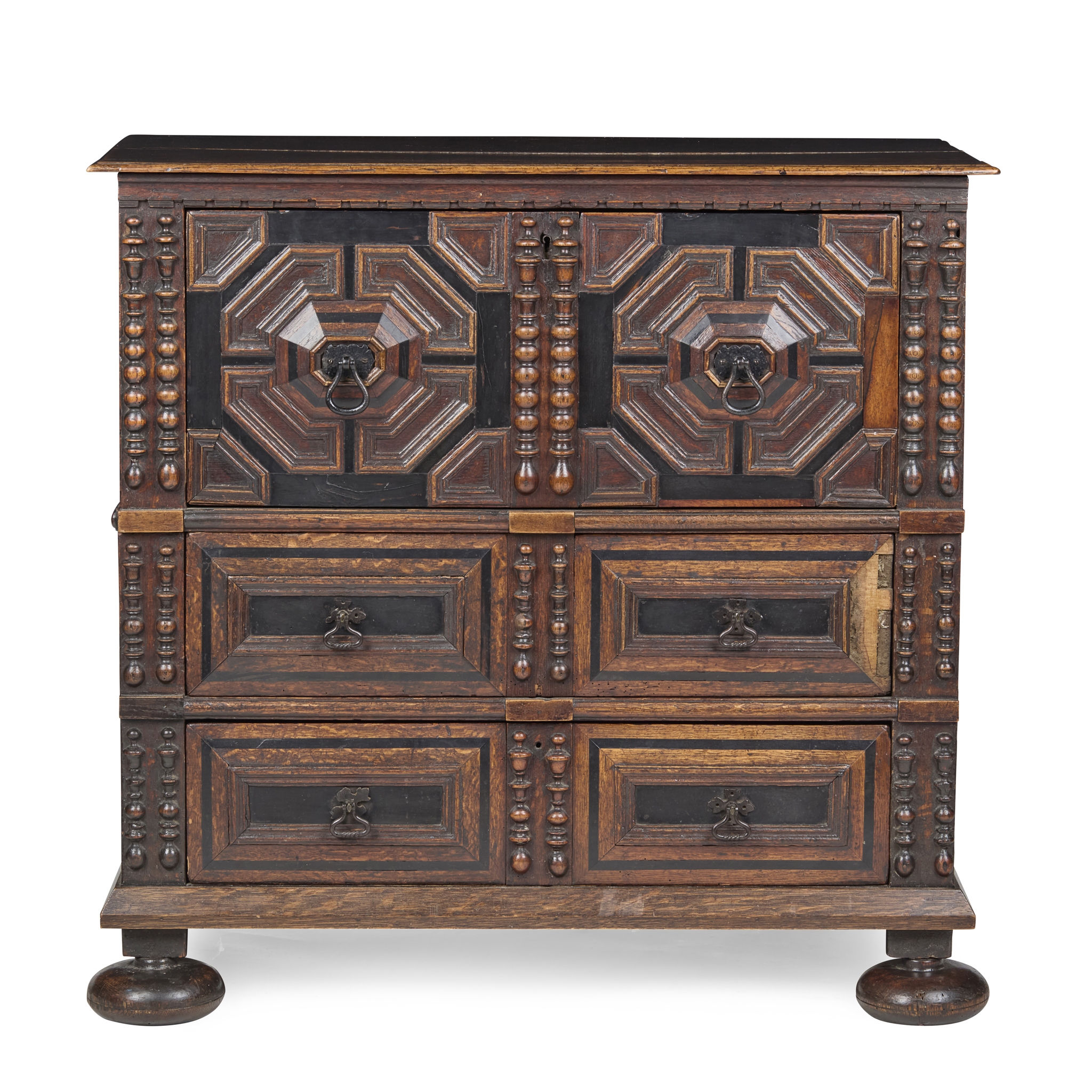 CHARLES II OAK AND EBONY MOULDED PANEL CHEST OF DRAWERS