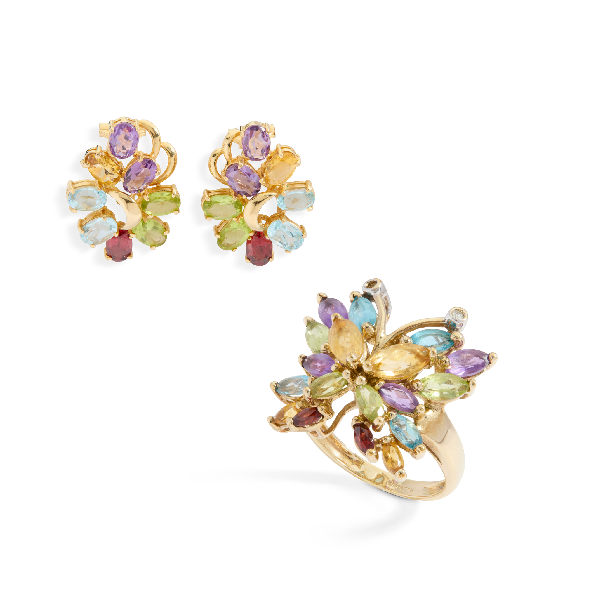 A pair of multi-gem set cluster earrings and a ring