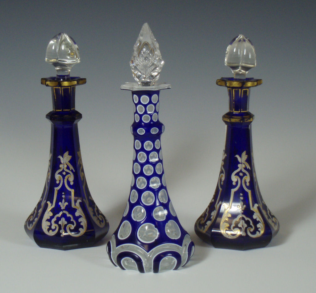 A pair of mid Victorian blue Bohemian glass perfume bottles