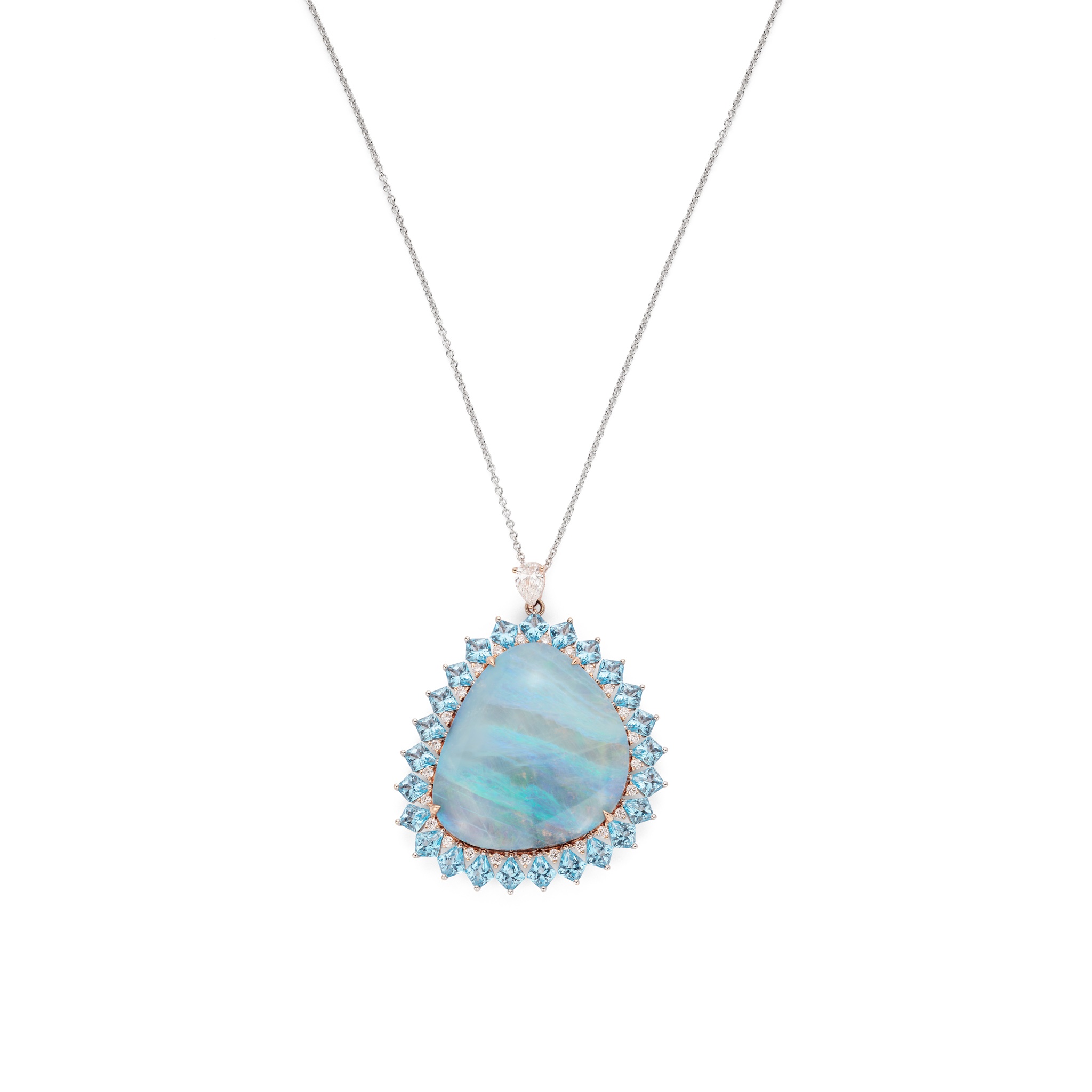 An opal, topaz and diamond pendant