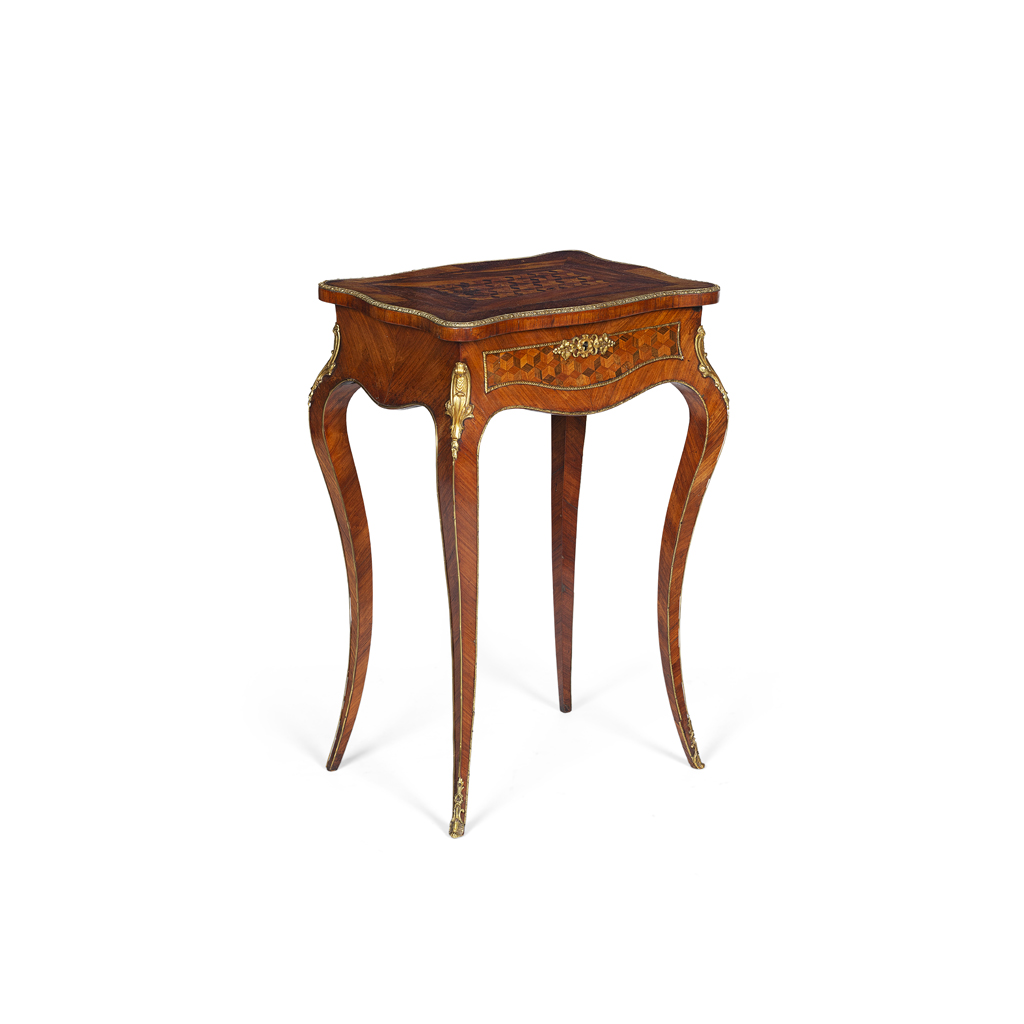 FRENCH KINGWOOD, PARQUETRY, AND GILT METAL MOUNTED WORK TABLE