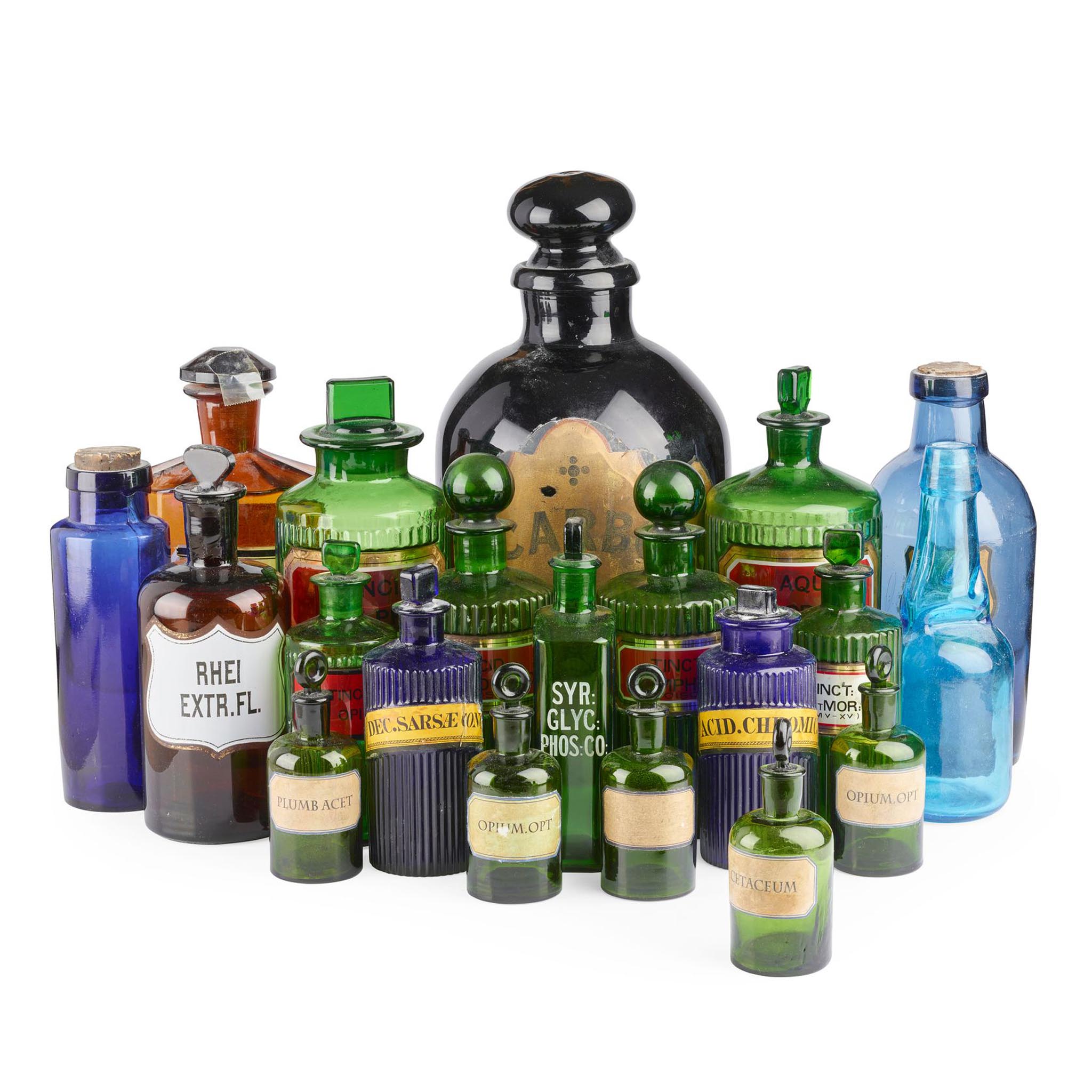 COLLECTION OF COLOURED GLASS APOTHECARY BOTTLES