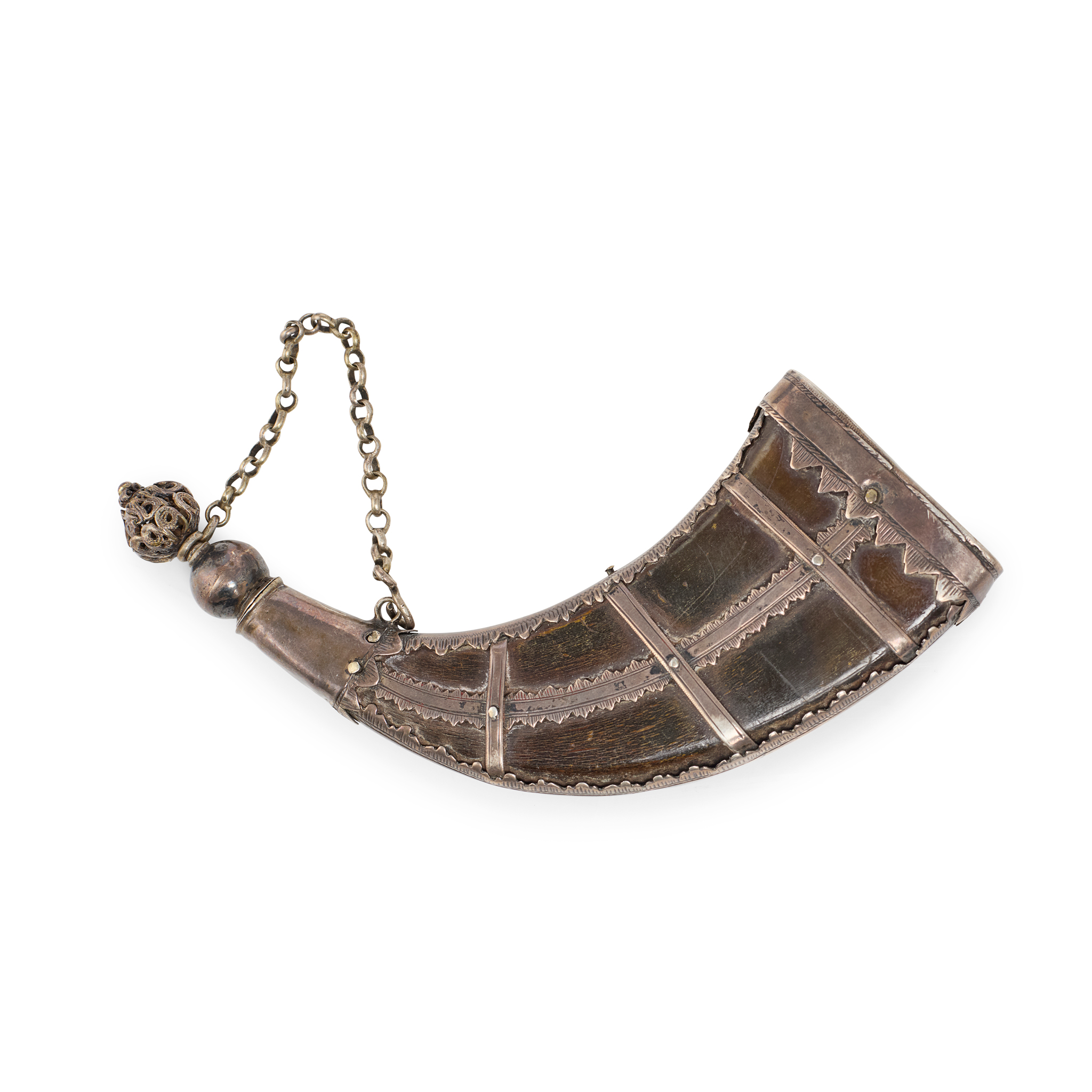NORWEGIAN COW HORN AND SILVER MOUNTED POWDER FLASK