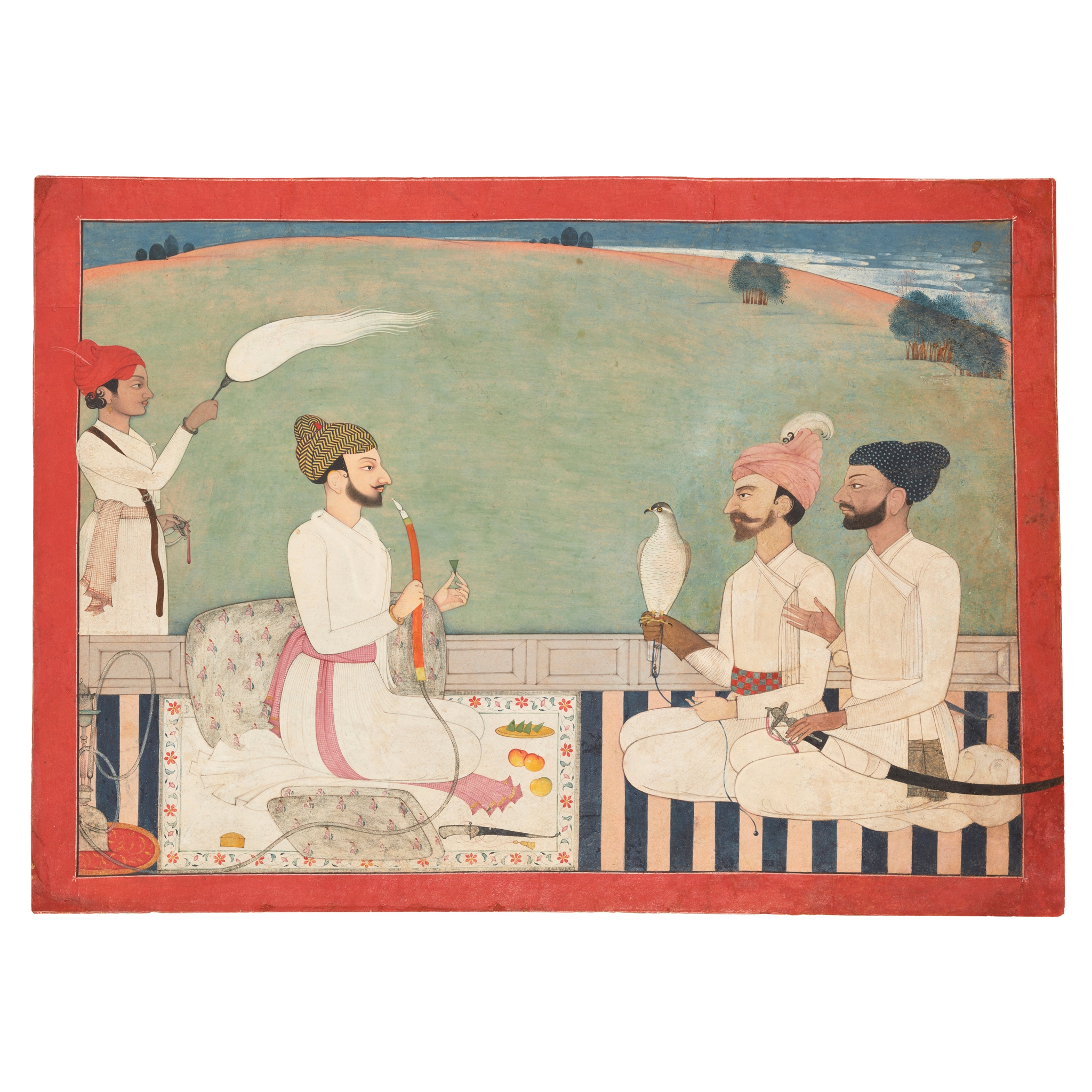 BY A MASTER PAHARI ARTIST: A SEATED RAJA WITH TWO COURTIERS BEFORE HIM PRESENTING A WHITE HAWK