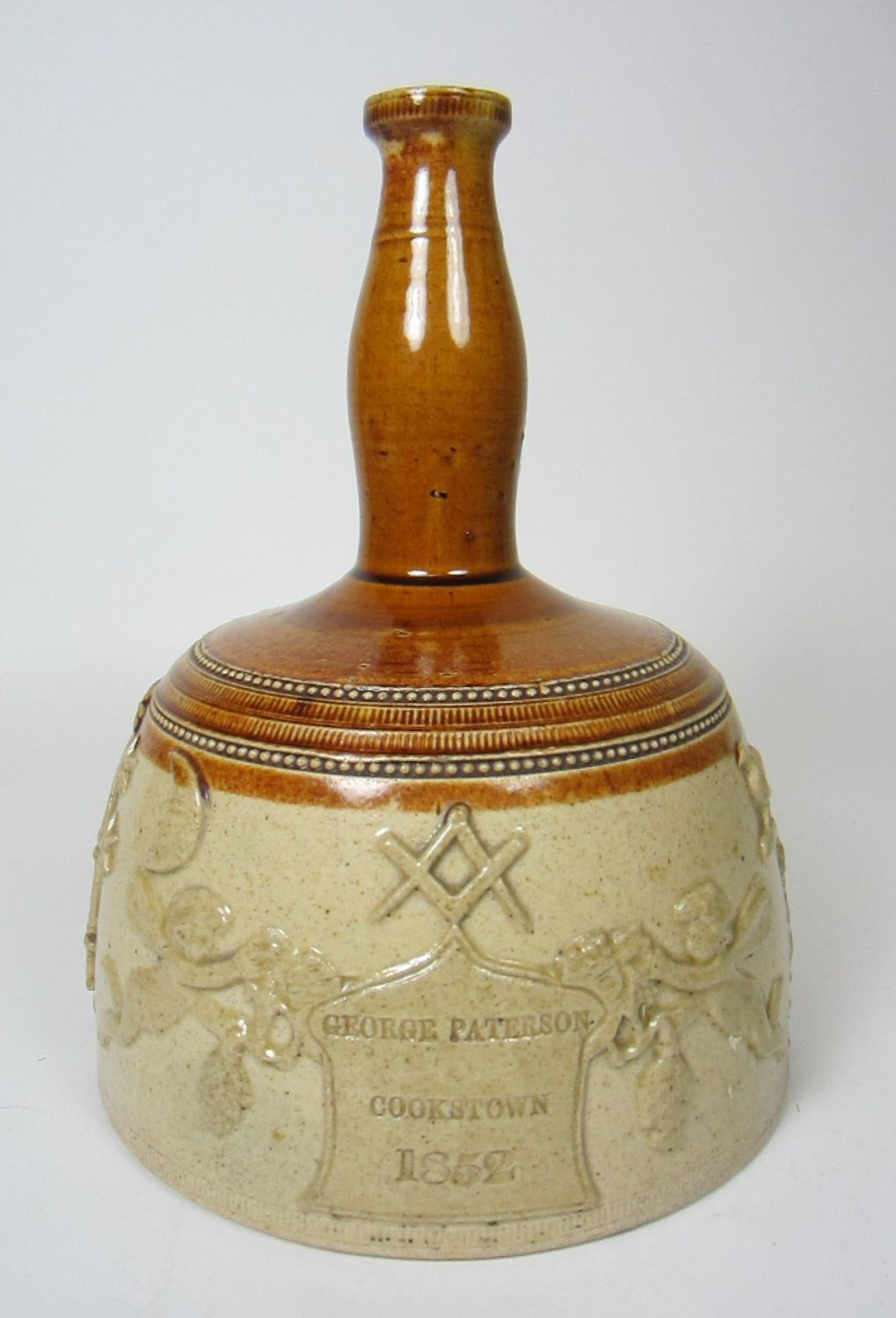 LARGE MASONIC SALT GLAZE DECANTER