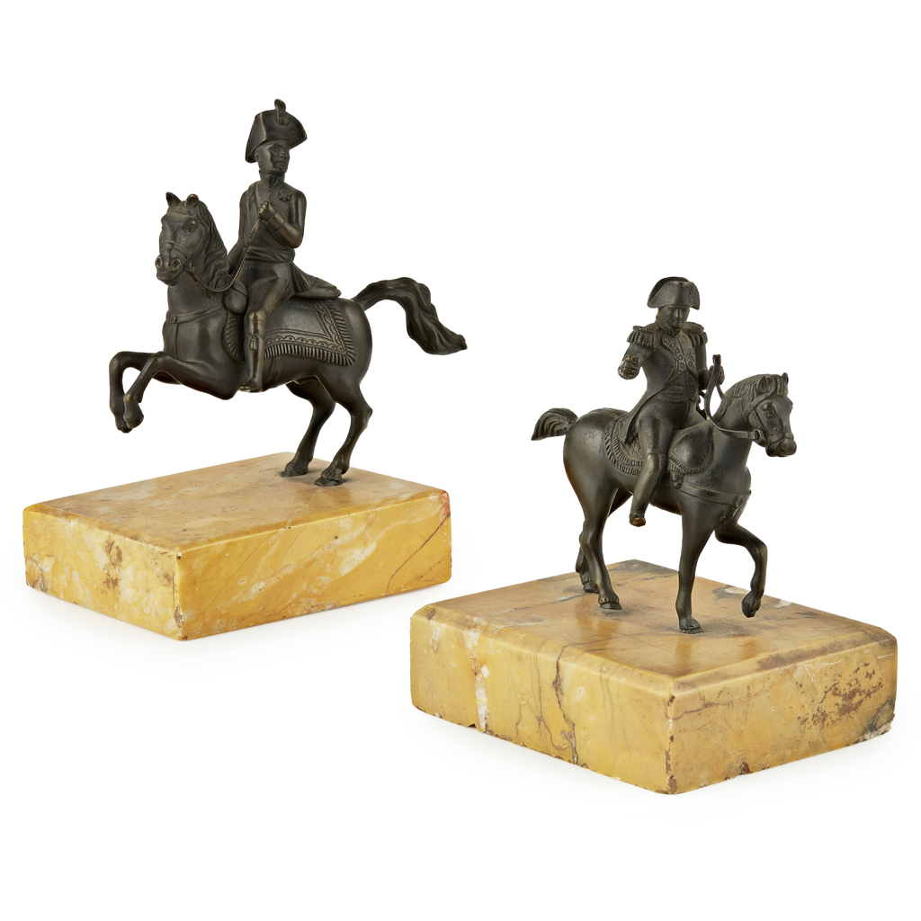 TWO SMALL FRENCH BRONZE EQUESTRIAN FIGURES OF NAPOLEON AND WELLINGTON