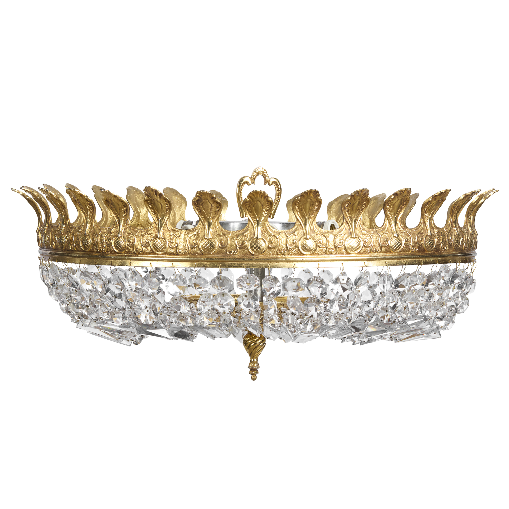 A FRENCH EMPIRE STYLE GILT METAL AND CUT GLASS PLAFONNIER