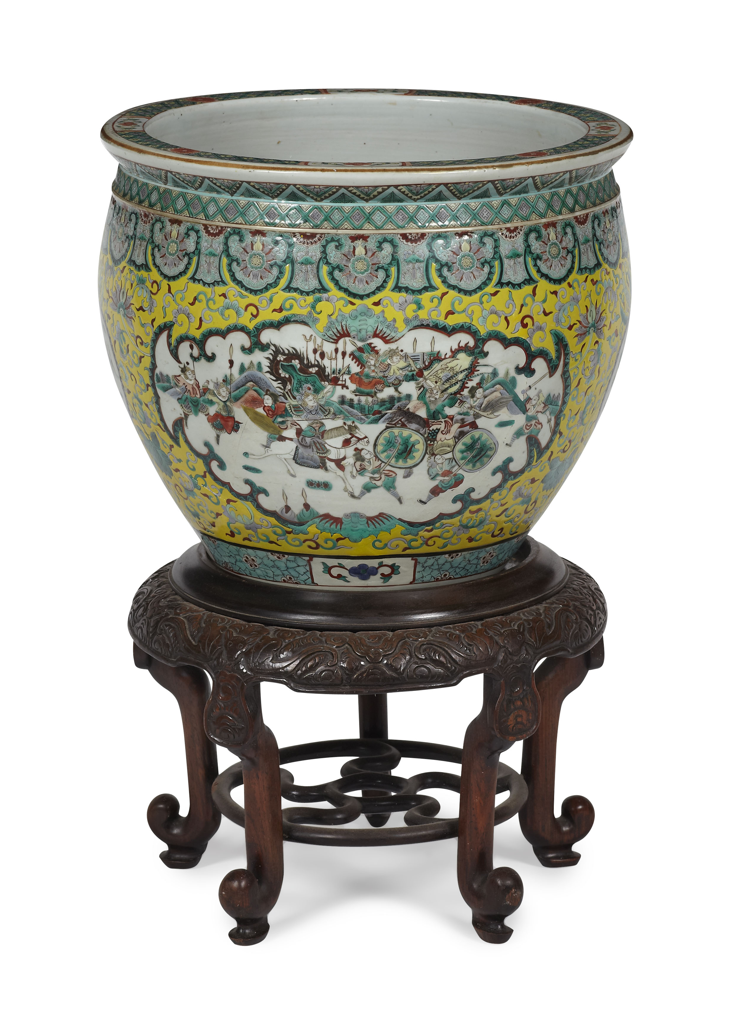 CHINESE FAMILLE JAUNE FISH BOWL AND STAND