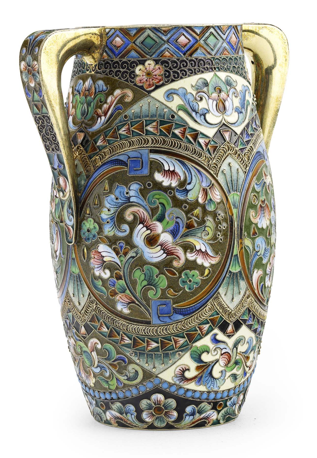 A Russian silver-gilt and shaded cloisonné enamel two-handled vase