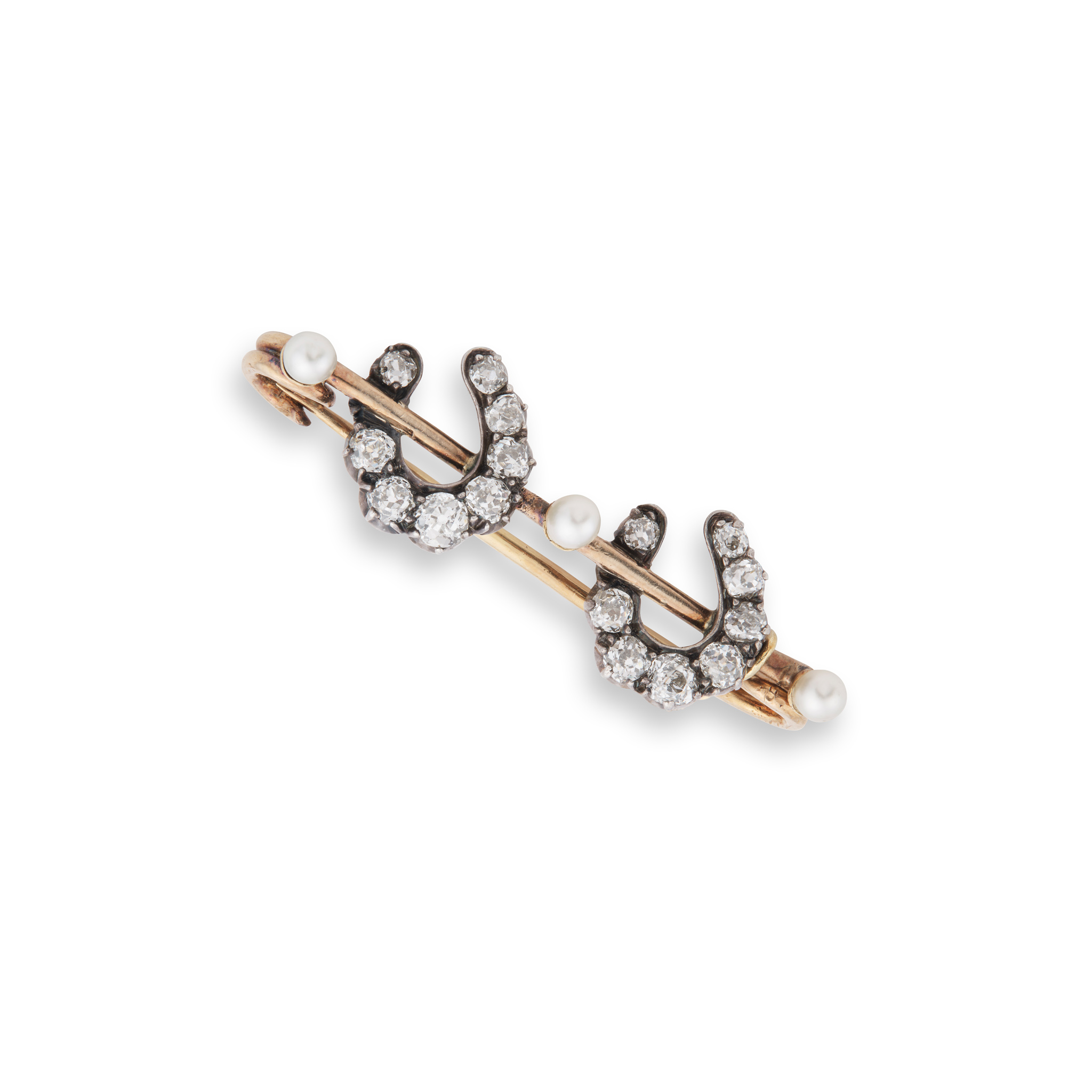 A diamond and pearl 'horse shoe' bar brooch, circa 1880s