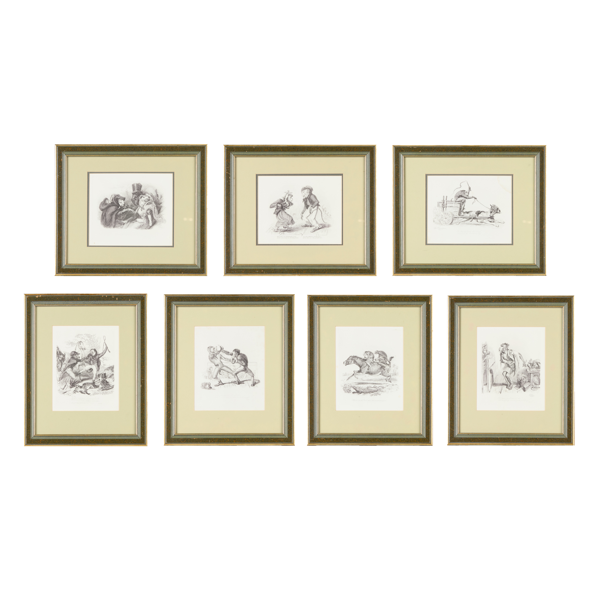 SET OF SEVEN FRAMED ANTHROPOMORPHIC PRINTS FROM 'MONKEYANA, OR MEN IN MINIATURE', BY THOMAS LANDSEER