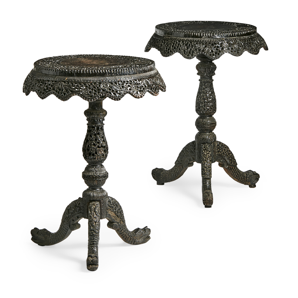 NEAR PAIR OF INDIAN CARVED HARDWOOD TABLES