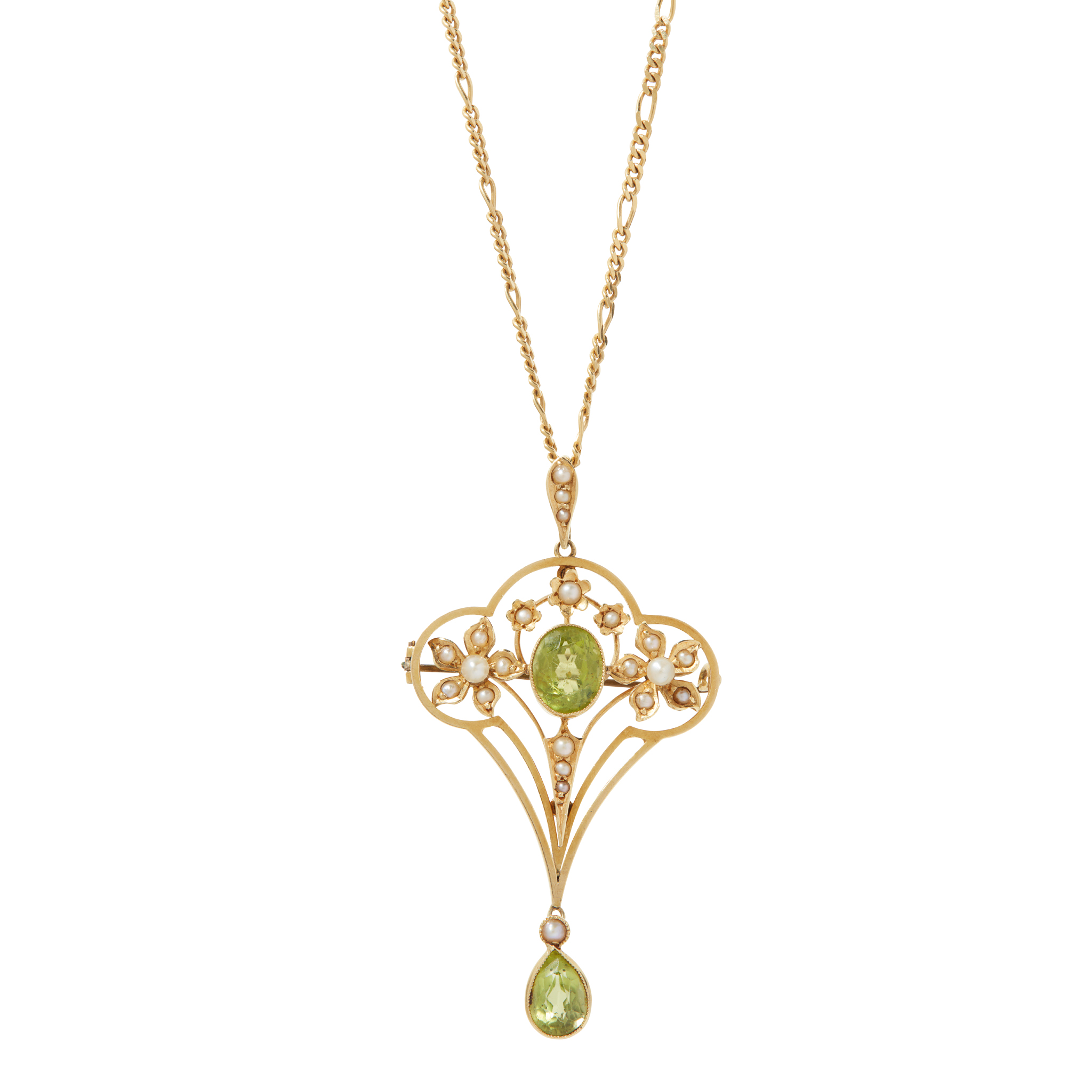 An early 20th century seed pearl and peridot pendant/brooch
