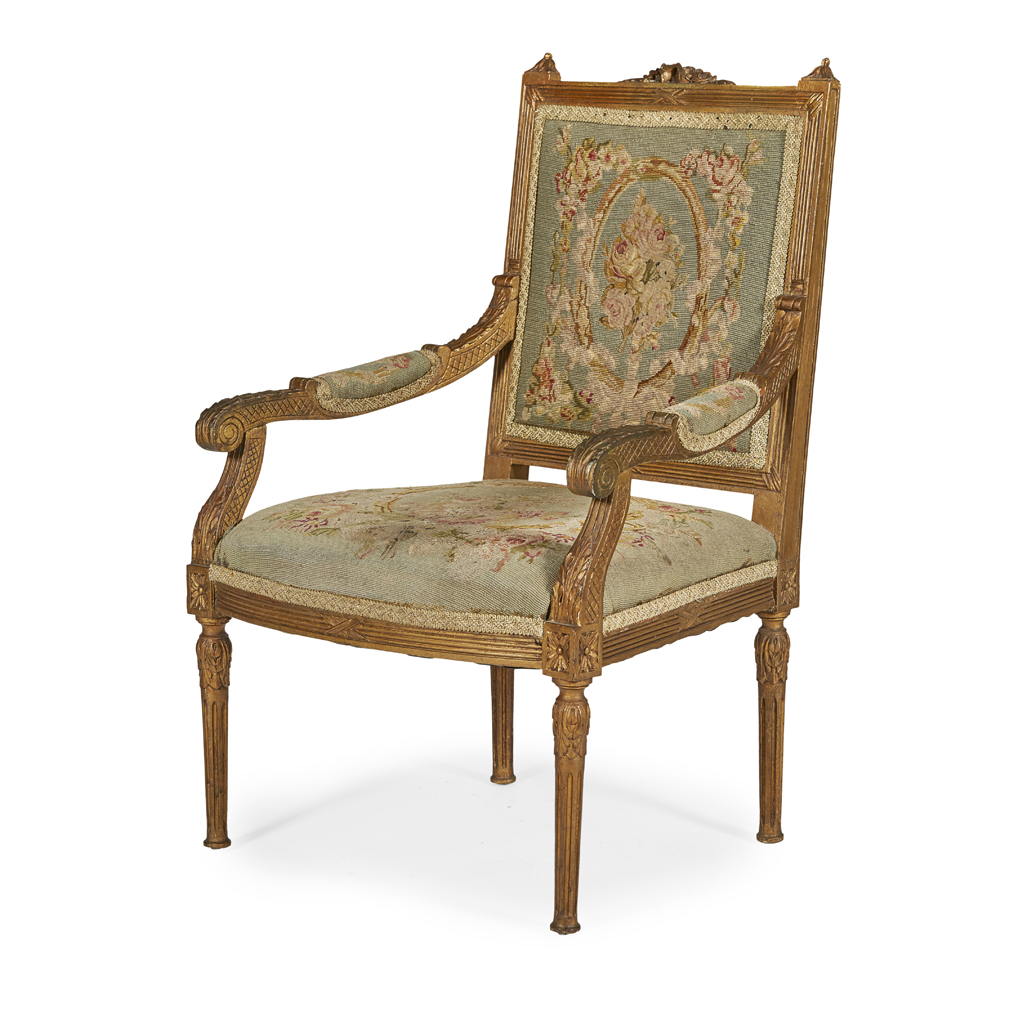 LOUIS XVI STYLE GILTWOOD AND NEEDLEWORK FAUTEUIL