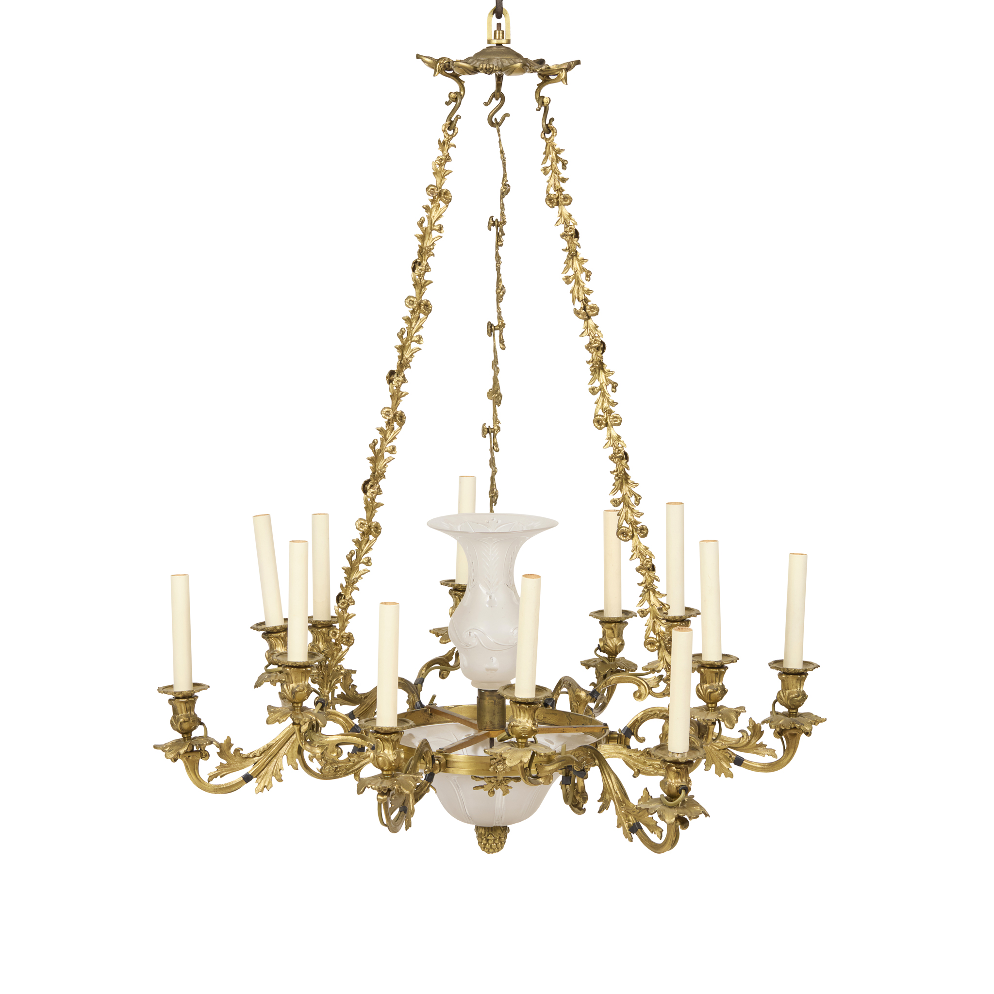ENGLISH GILT BRONZE AND CUT GLASS TWELVE LIGHT CHANDELIER