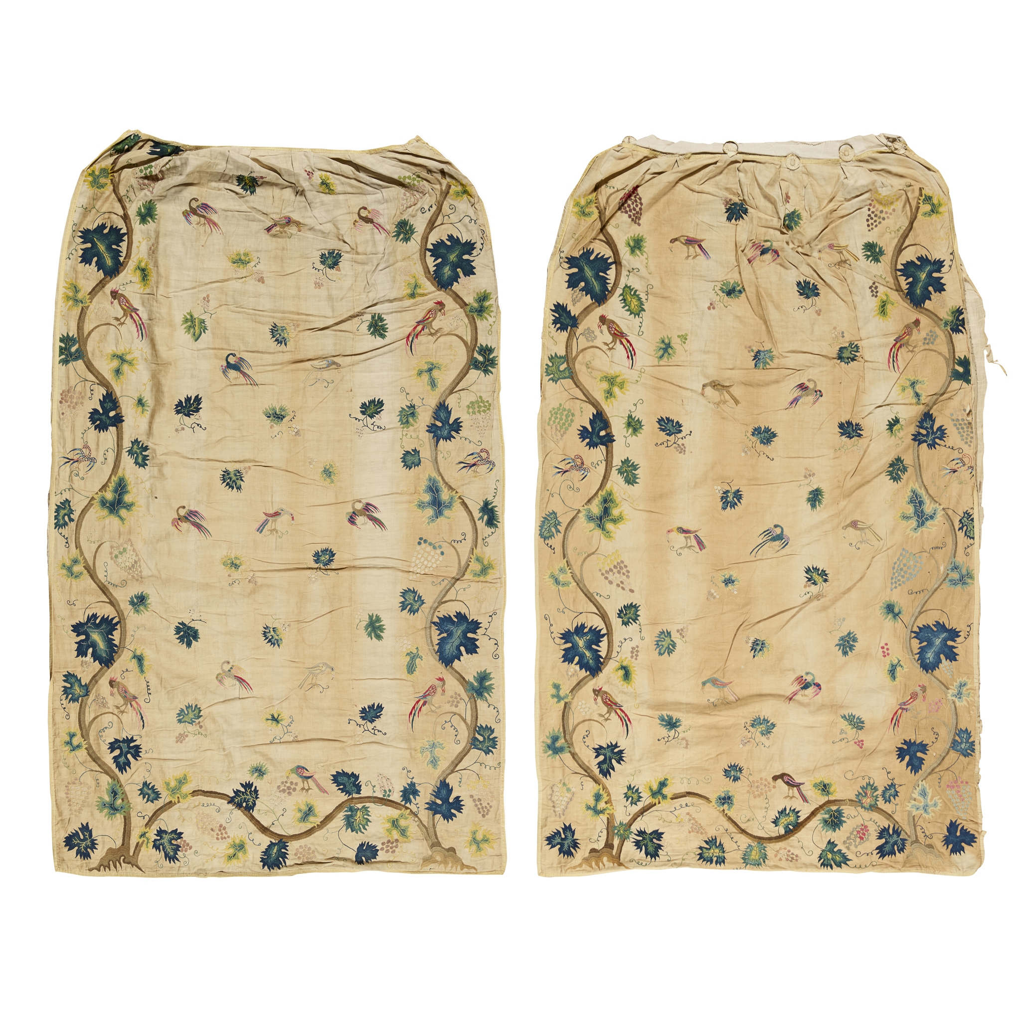 ENGLISH CREWEL WORK BED HANGINGS AND PELMET