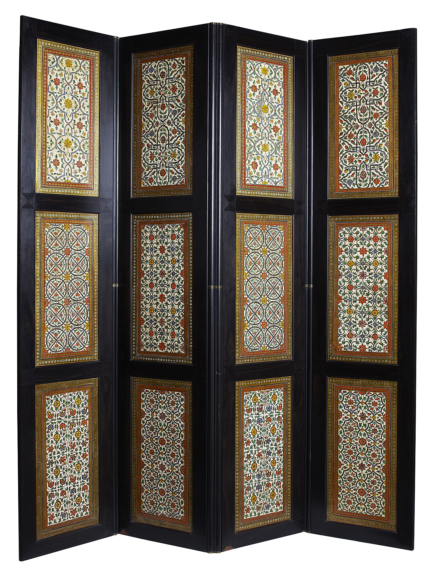 VICTORIAN EBONY AND PAINTED LEATHER FOUR FOLD SCREEN
