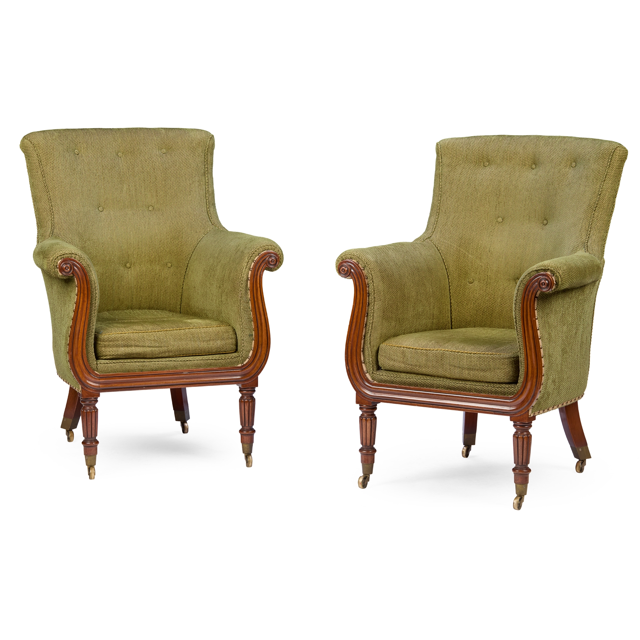PAIR OF REGENCY STYLE UPHOLSTERED MAHOGANY LIBRARY ARMCHAIRS