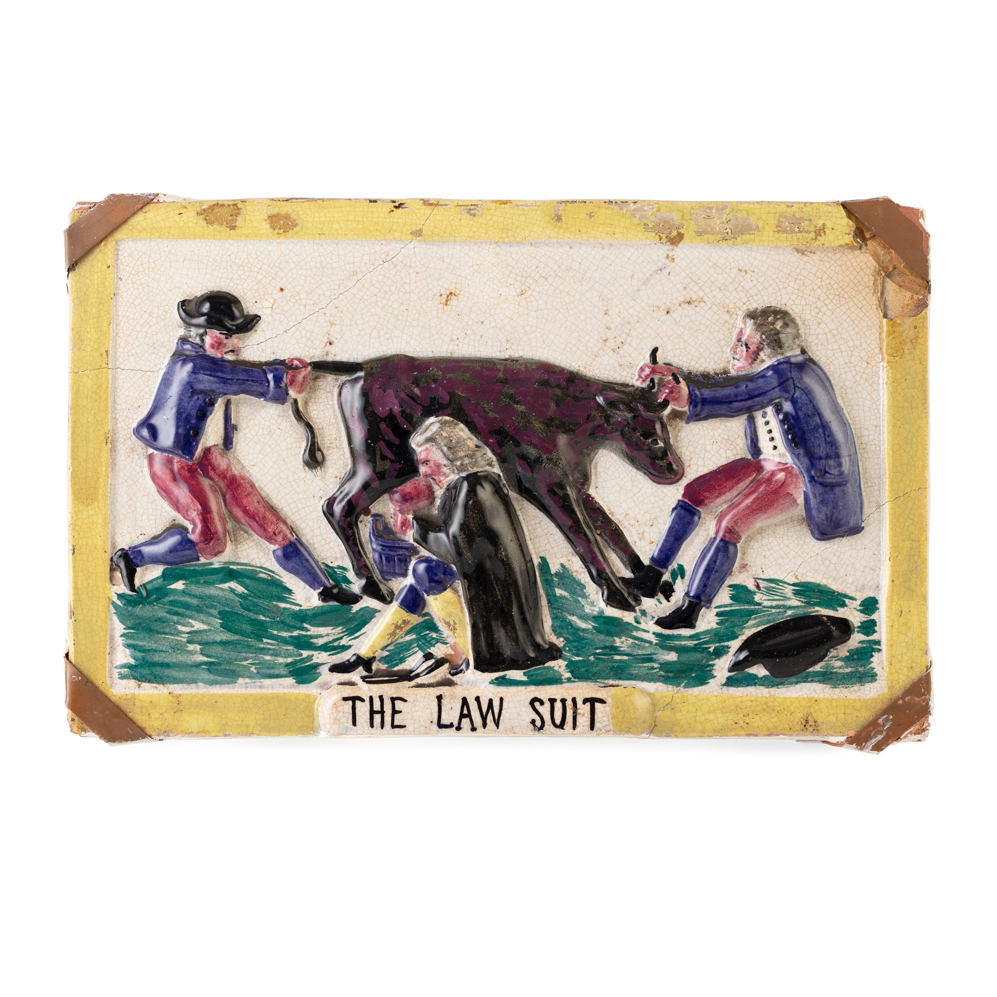 A SCOTTISH POTTERY PORTOBELLO PLAQUE TITLED 'THE LAW SUIT'