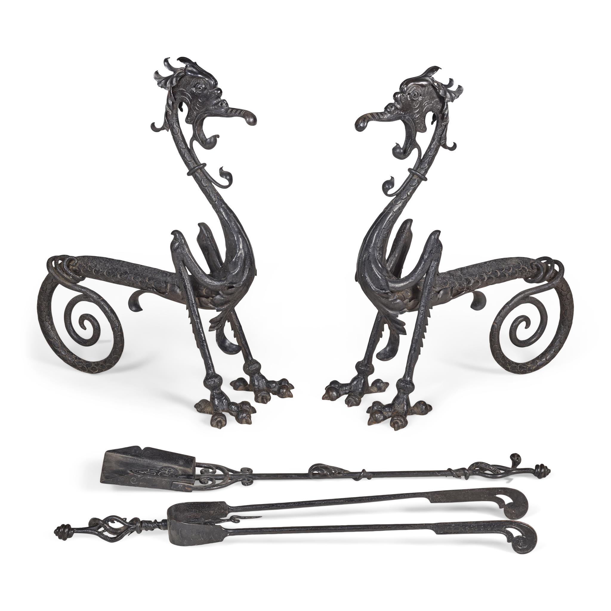 PAIR OF ENGLISH GOTHIC REVIVAL WROUGHT IRON FIRE DOGS