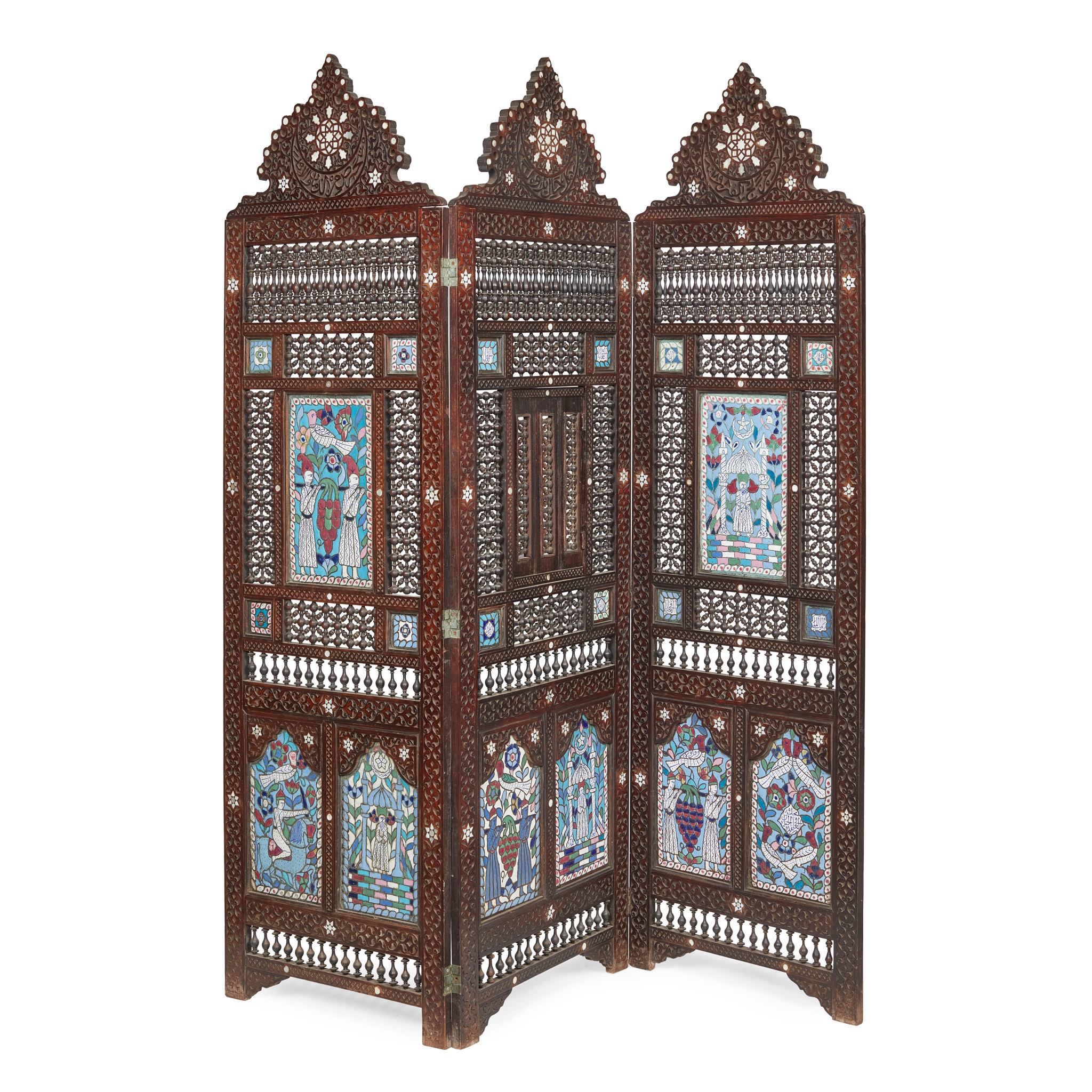 THREE-FOLD DAMASCUS HARDWOOD, MOTHER-OF-PEARL, AND ENAMEL PANEL MASHRABIYYA SCREEN