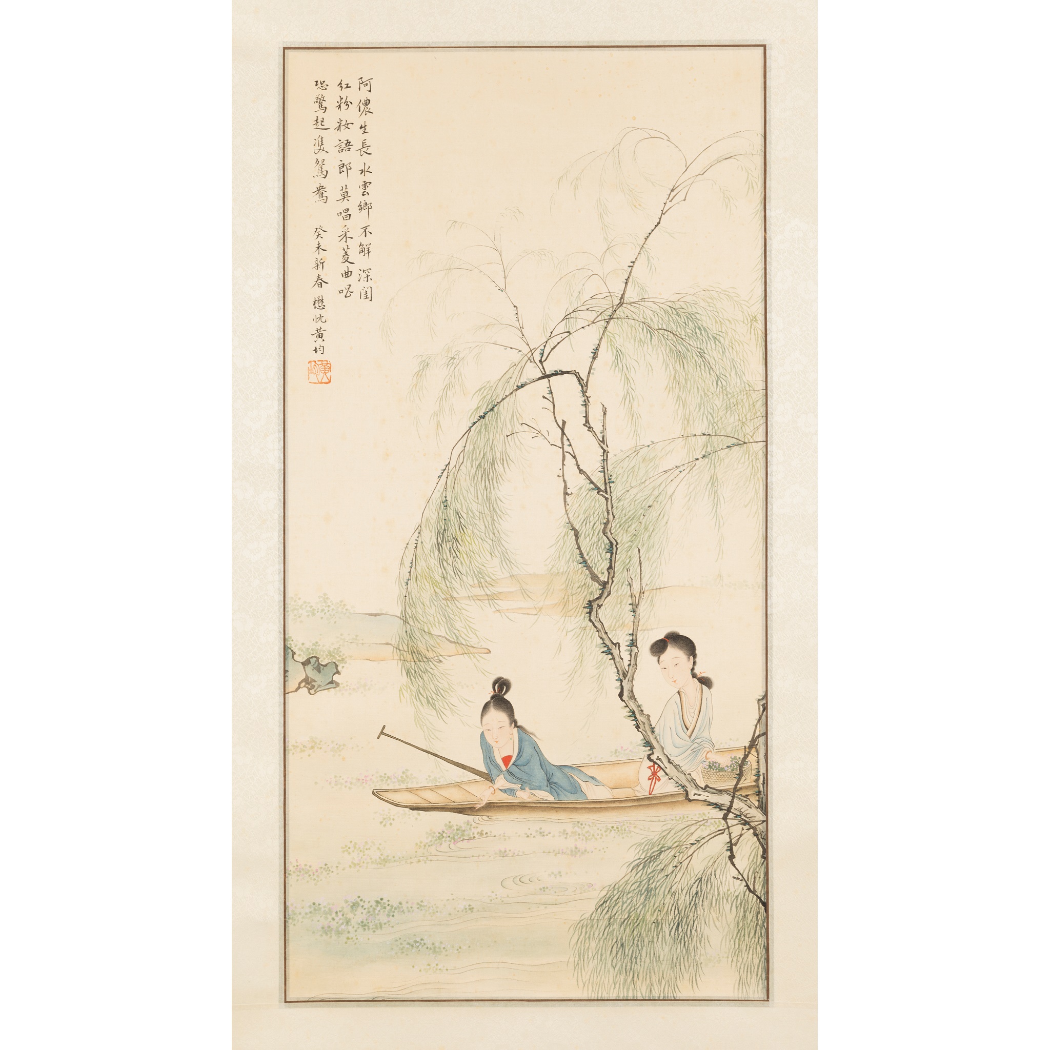 INK SCROLL PAINTING OF LADIES AND WILLOW TREE