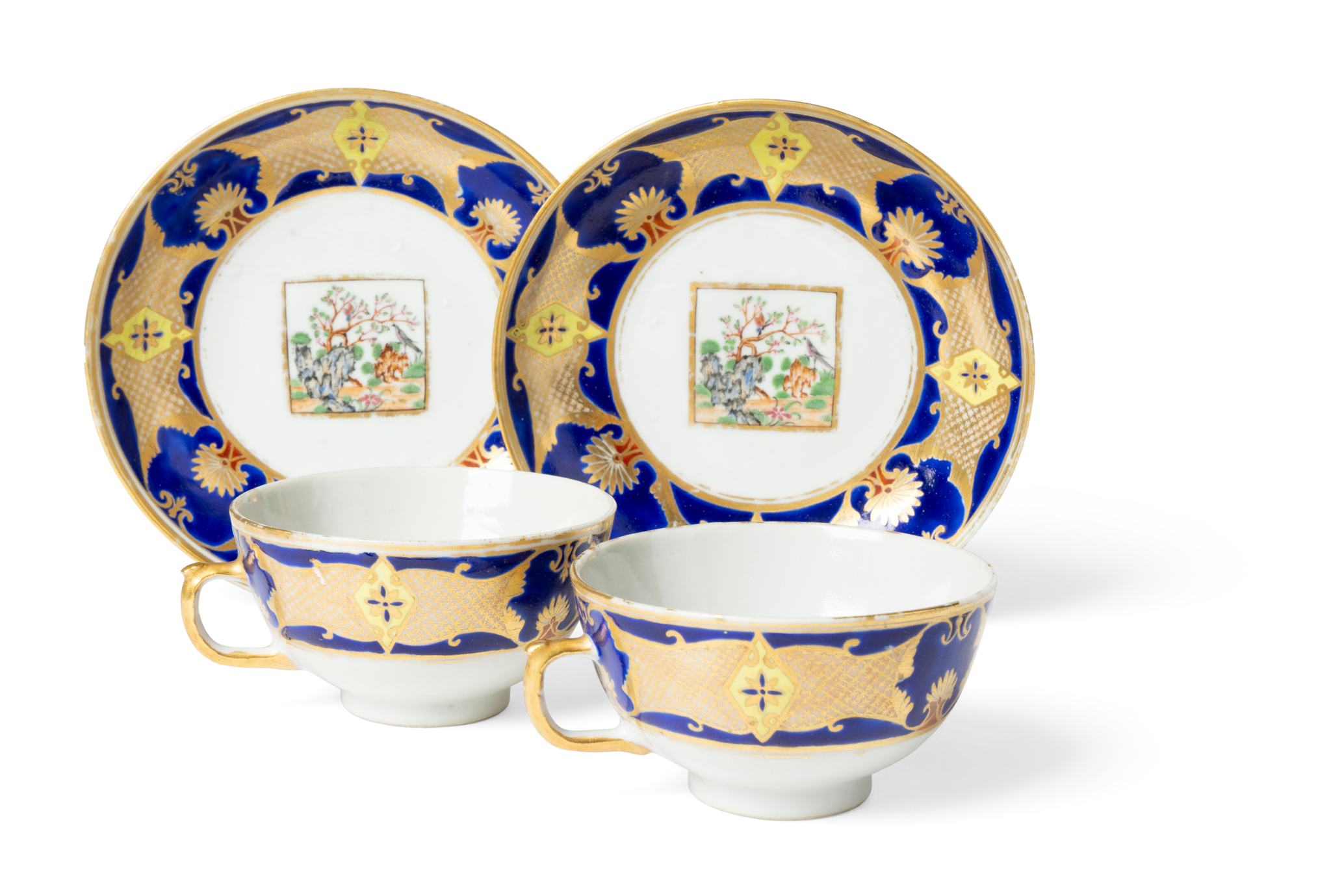 TWO SETS OF CHINESE EXPORT FAMILLE ROSE CUPS WITH SAUCERS FOR THE ENGLISH MARKET