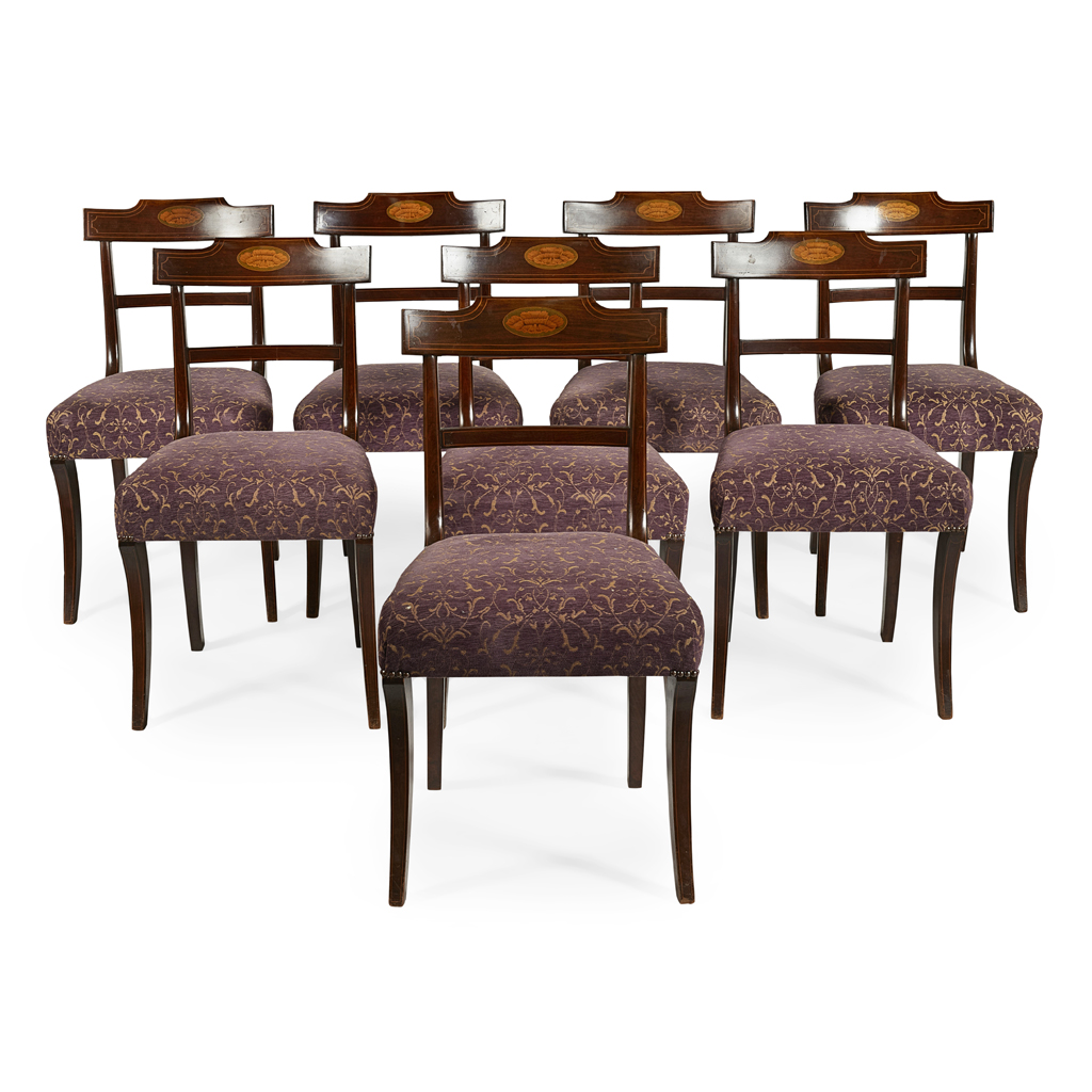 SET OF EIGHT REGENCY STYLE MAHOGANY AND INLAY DINING CHAIRS