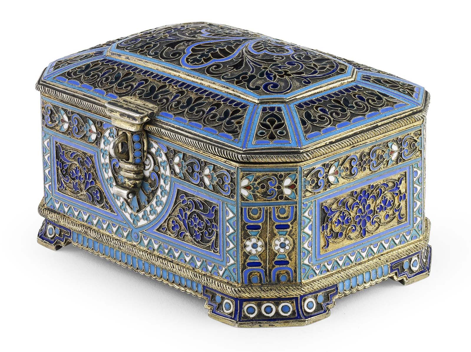 A Russian silver-gilt, cloisonné and plique-à-jour enamel box