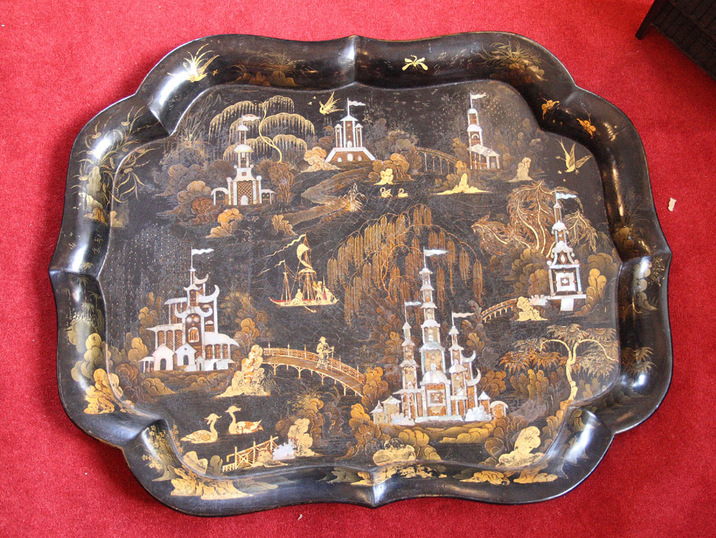 A good Victorian papier mache, gilt and mother of pearl inlaid tray ADDITIONAL TRAY IN THIS LOT