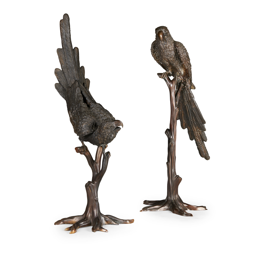 TWO LARGE BRONZE FIGURES OF PARROTS