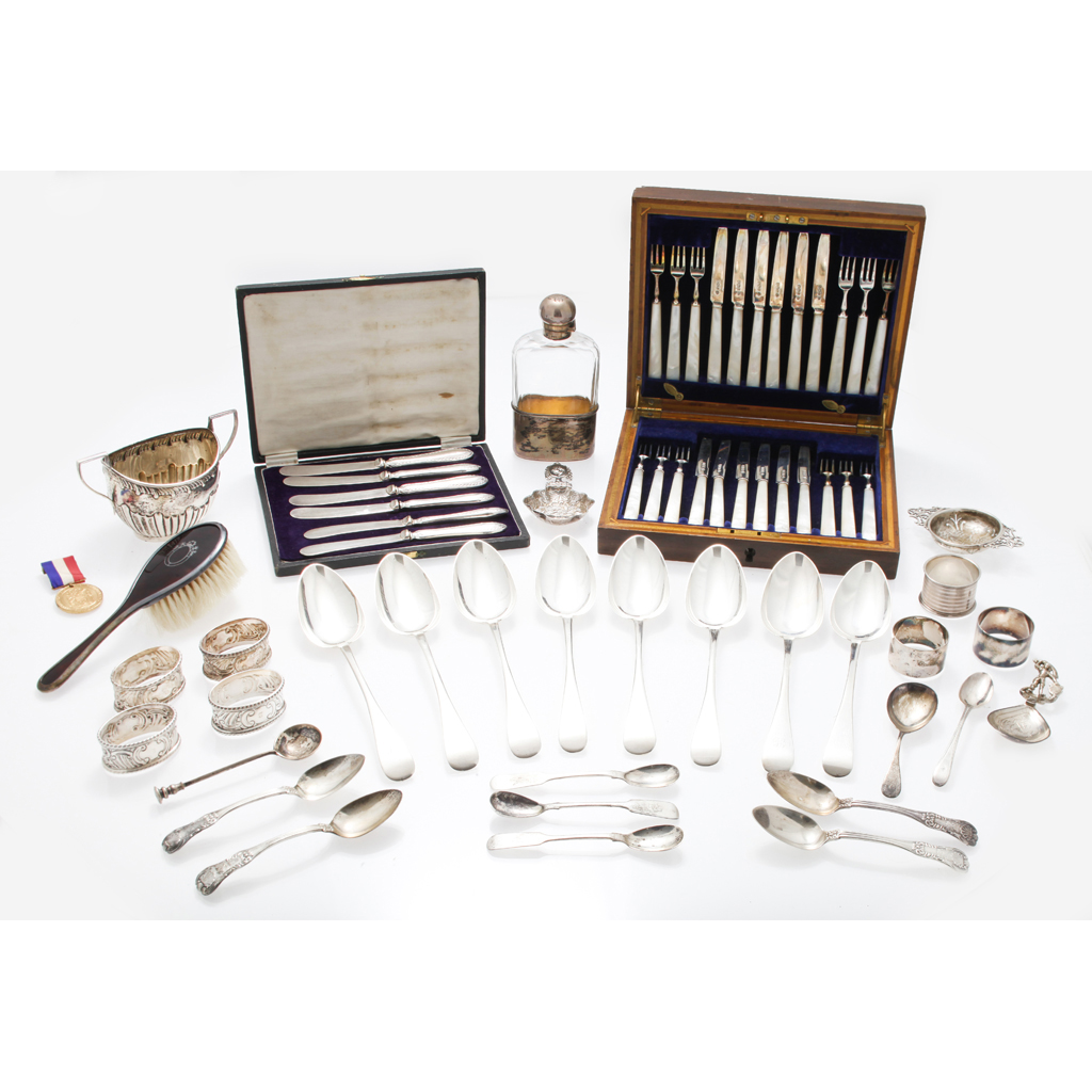 A cased fruit set and other flatware